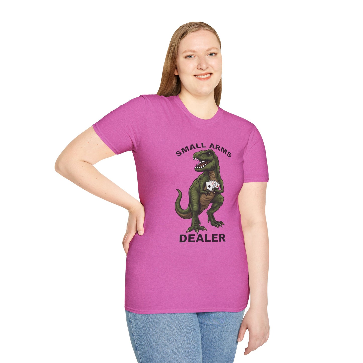 Funny Small Arms Dealer T-Rex Shirt, Dinosaur Pun Tee, Hilarious Graphic T-Shirt for Men & Women, Great Gift for Dad, Friend, or Coworker
