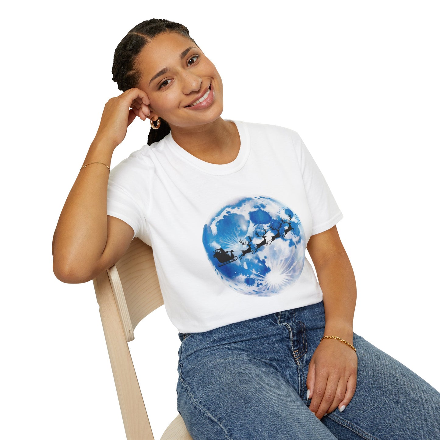 Santa Moon Christmas T-Shirt, Reindeer Sleigh Christmas Tee, Holiday Moonlight Xmas Shirt, Festive Christmas Graphic Tee, Winter Night Christmas Gift Tee