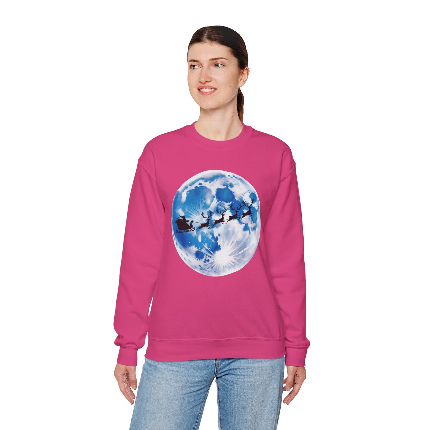 Santa And Reindeer Full Moon Christmas Sweatshirt, Holiday Night Sky Sweater, Cozy Unisex Crewneck, Festive Gift For Christmas Lovers