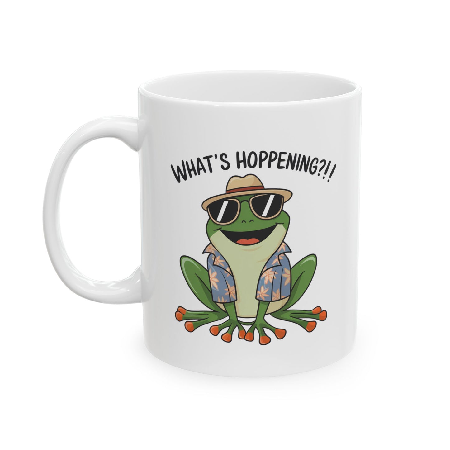 What’s Hoppening?! Frog Mug – Funny Tropical Frog in Hawaiian Shirt Coffee Cup, Cute Animal Ceramic Mug, Funky Gift for Frog Lovers