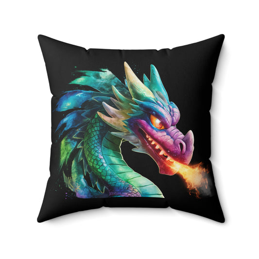 Colorful Fire Breathing Dragon Pillow | Fantasy Throw Pillow | Gamer Gift | Dragon Decor | Mythical Creature Cushion