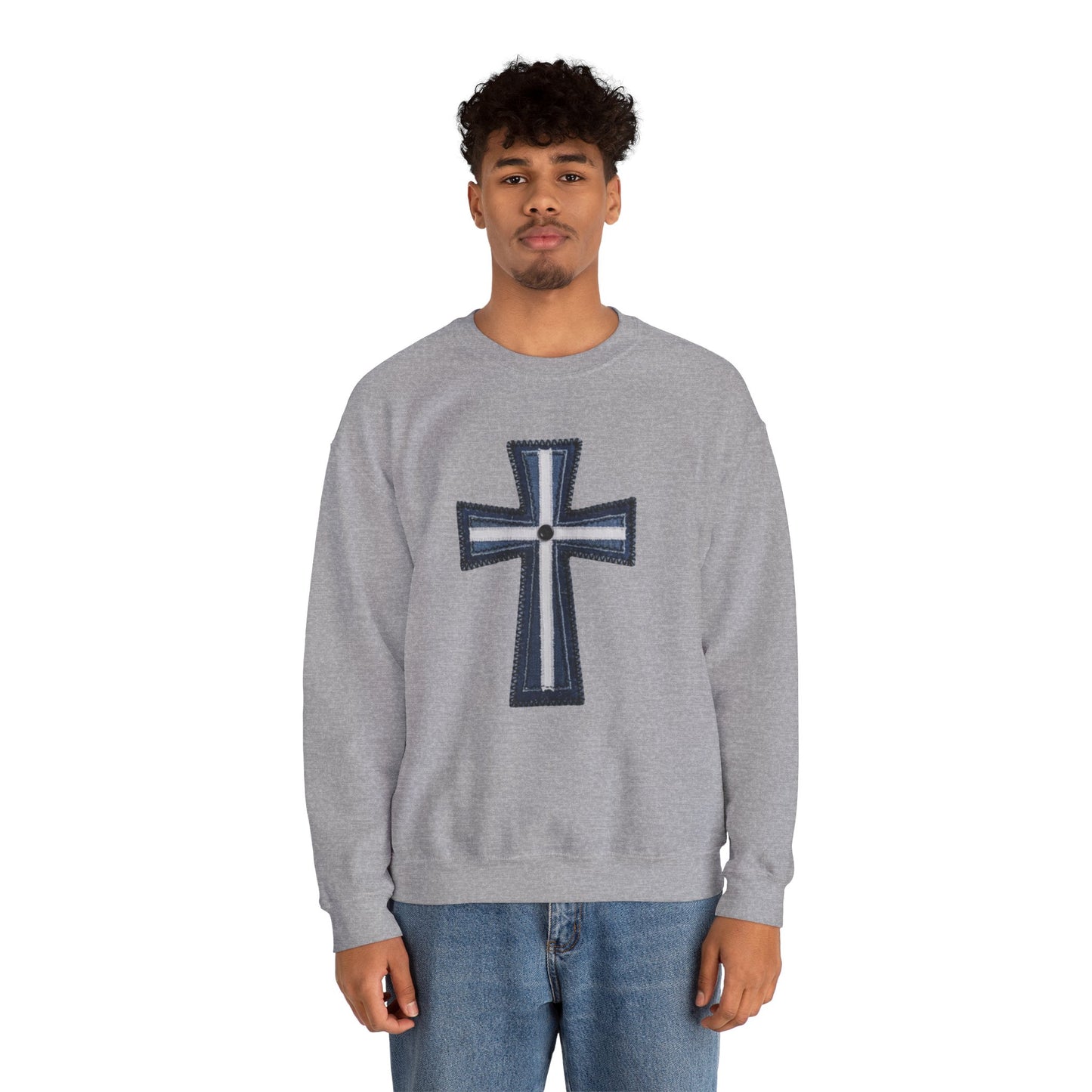 Faux Patchwork Cross Sweatshirt, Christian Patchwork Style Crewneck, Faith Gift for Women Men, Rustic Cross Sweatshirt, Religious Xmas Gift