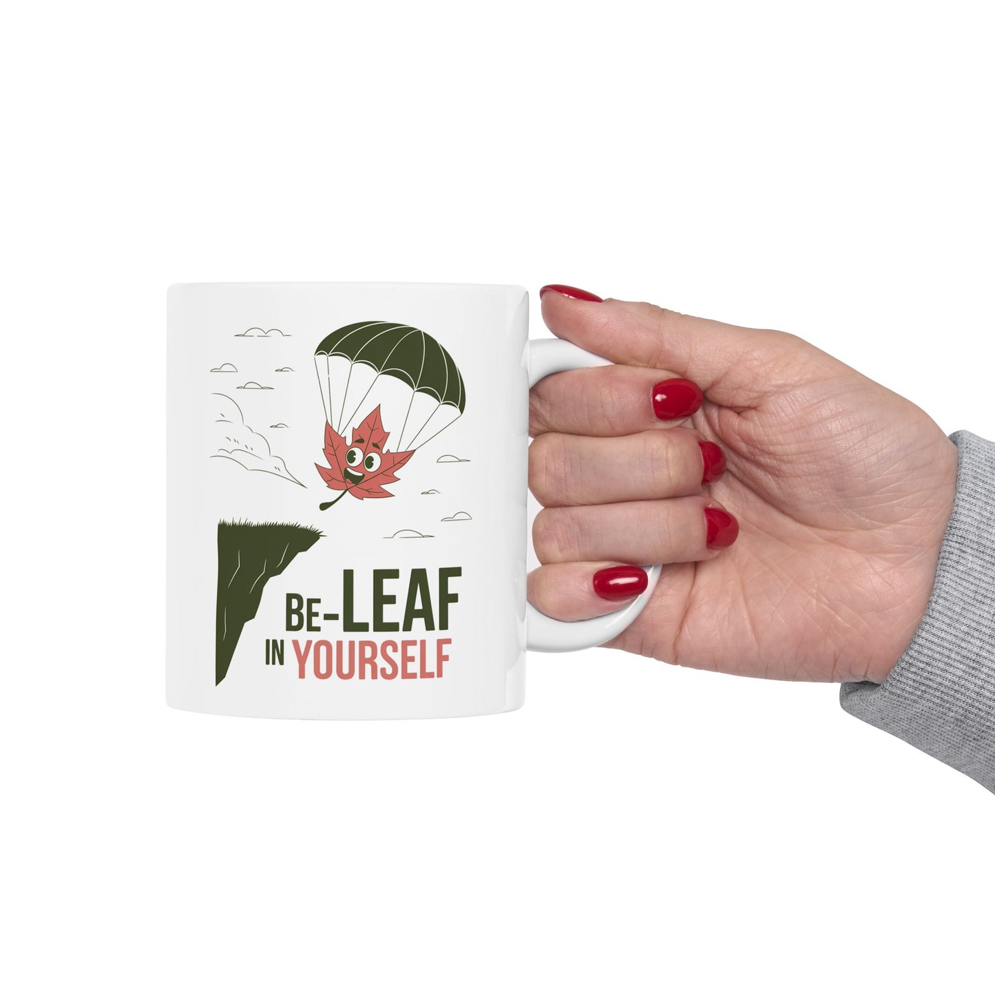 Be-Leaf In Yourself Mug – Motivational Leaf Parachute Design on Ceramic Coffee Cup, Positive Affirmation Gift for Fall Lovers & Nature Enthusiasts