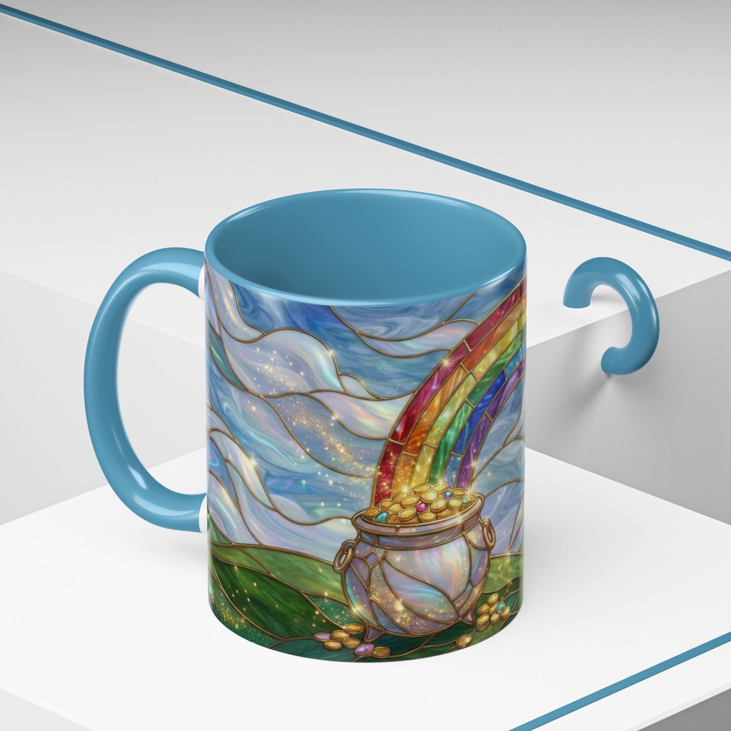 Stained Glass Rainbow Mug, Pot Of Gold Coffee Cup, St Patricks Day Gift, Whimsical Magical Art Mug, Lucky Irish Leprechaun Treasure