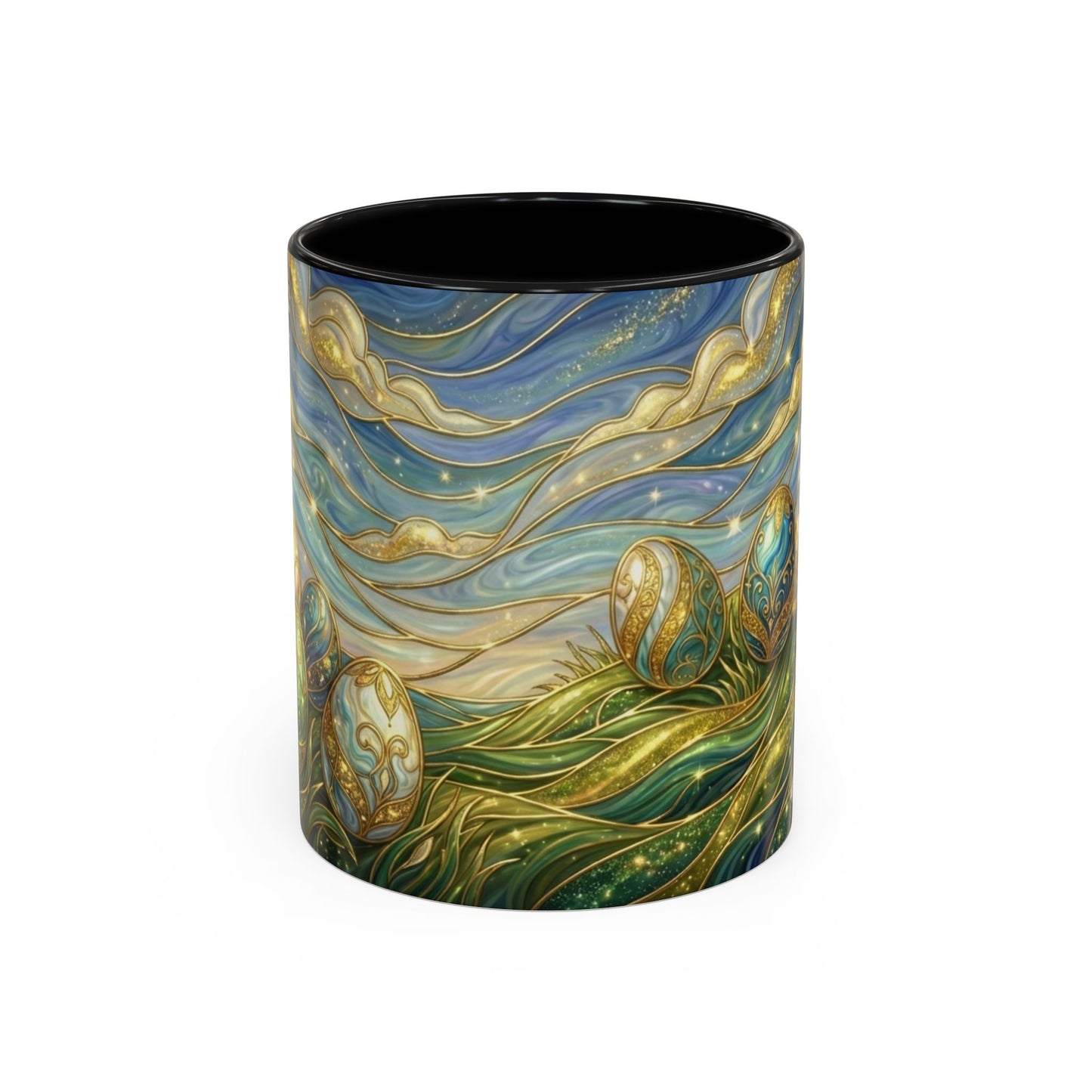Stained Glass Easter Egg Mug, Magical Spring Floral Coffee Cup, Art Nouveau Fantasy Teacup, Elegant Celestial Starry Sky Mug Gift Idea