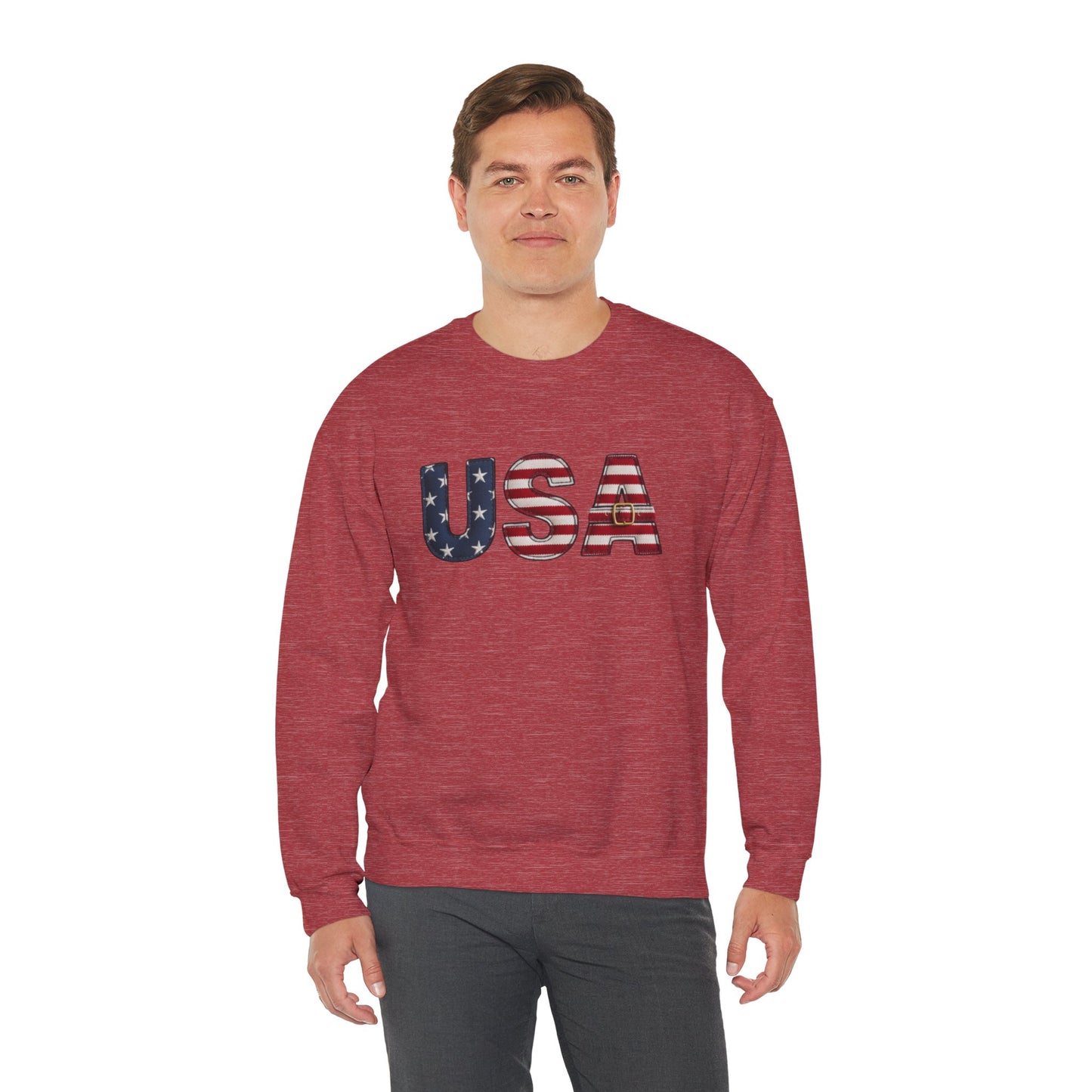 Faux Patchwork USA Sweatshirt, Patriotic Quilt Style Top, Rustic Americana Crewneck, 4th of July Shirt, Country USA Sweater, Vintage Flag Top