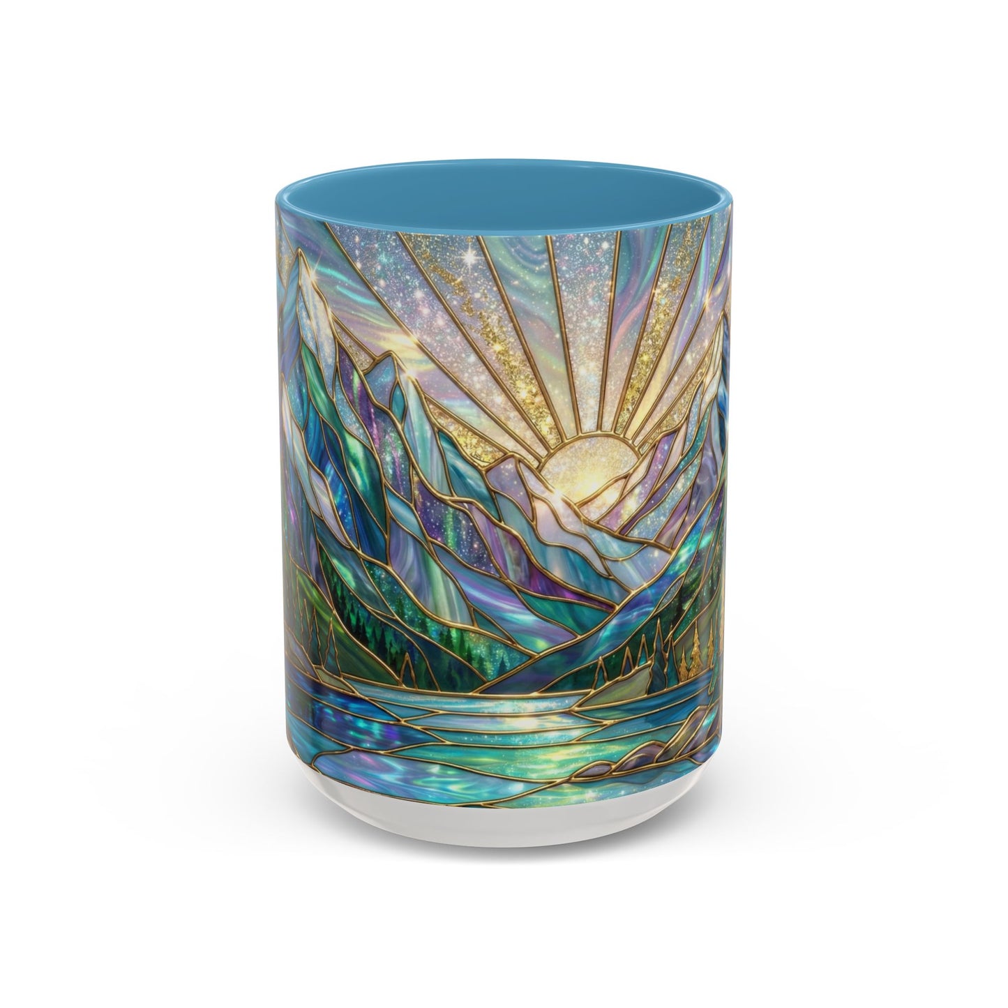 Stained Glass Mountain Mug, Mountain Landscape Coffee Cup, Galaxy Sky Nature Ceramic Mug, Sunrise River Forest Art, 11oz 15oz Gift