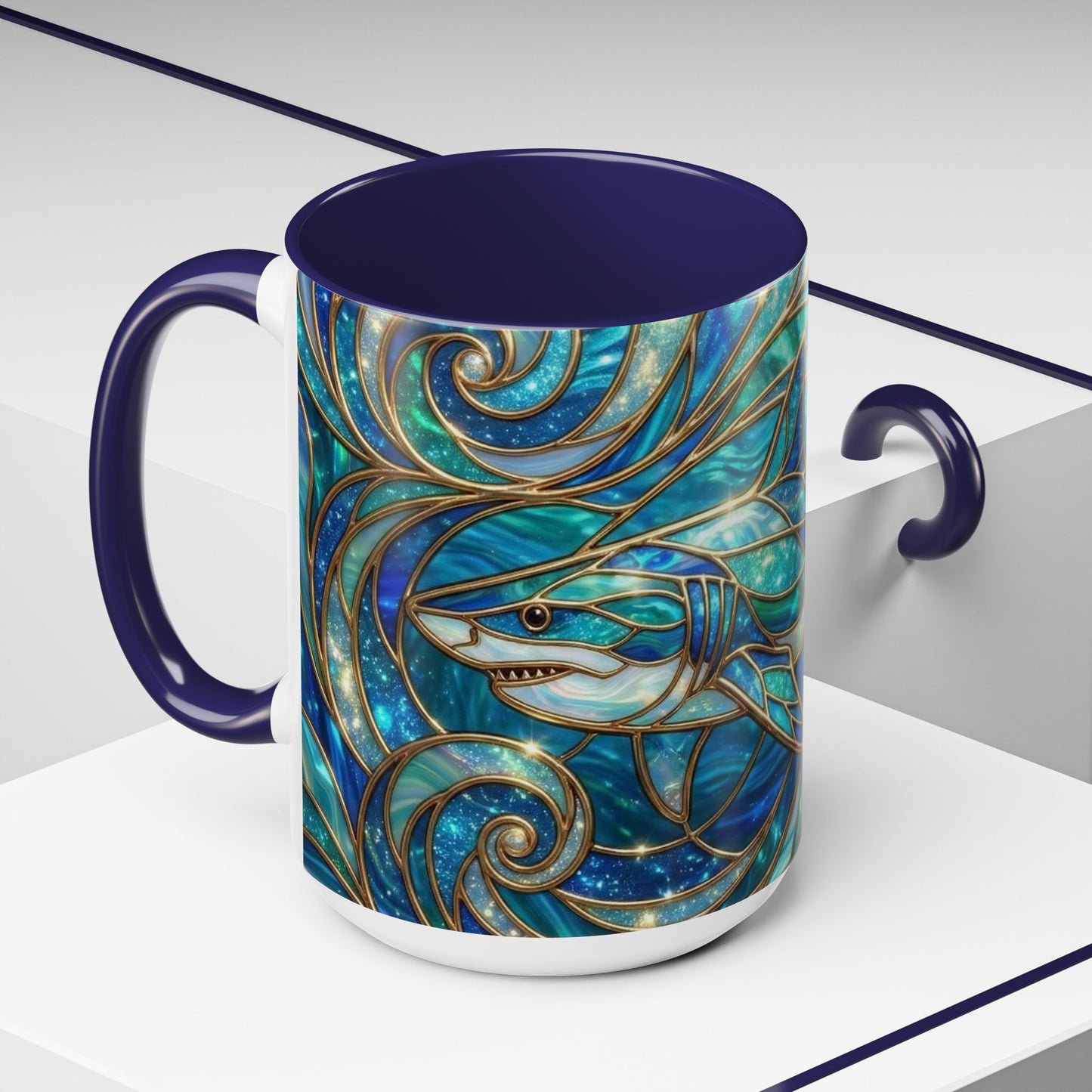 Stained Glass Shark Mug, Ocean Art Coffee Cup, Blue Shark Gift, Sea Life Ceramic Mug, Artistic Shark Design, Marine Lover Gift, Unique Ocean Mug