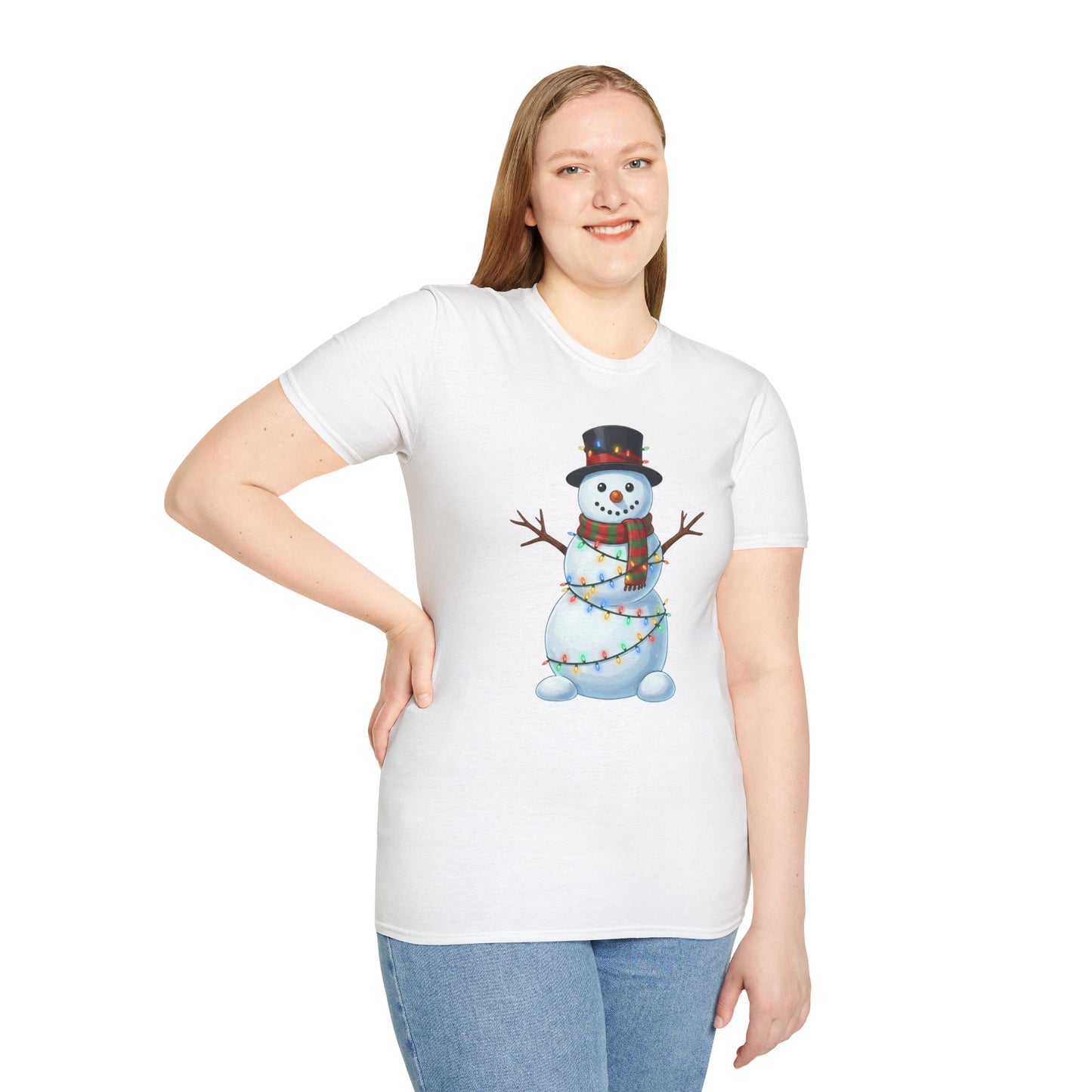 Cute Snowman Christmas Shirt, Snowman Wrapped in Christmas Lights Tee, Holiday Winter Snowman Top Hat Shirt, Funny Cozy Christmas T Shirt