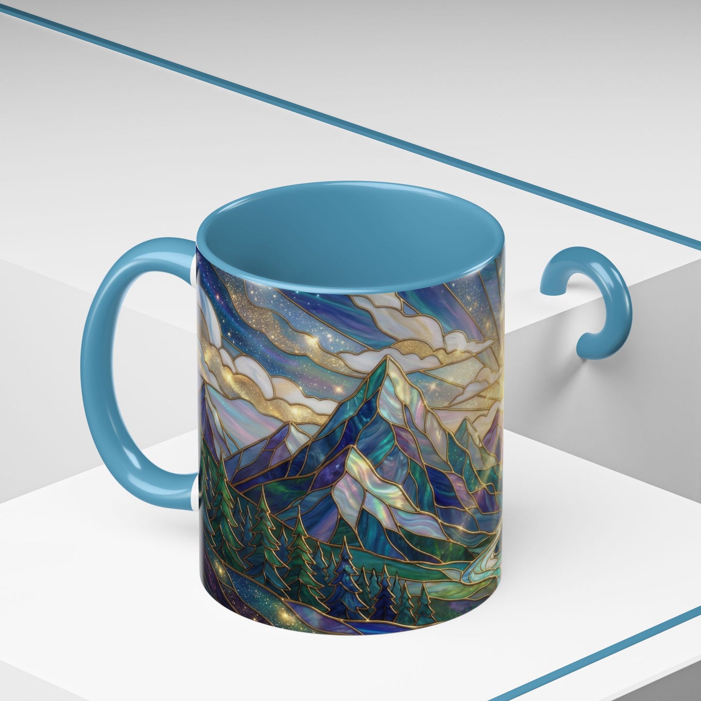 Mountain Art Mug, Scenic Mountain Coffee Cup, Nature Lover Ceramic Mug, Stained Glass Style Landscape, 11oz 15oz Gift, Outdoor Hiking Mug, Unique Coffee Tea Cup