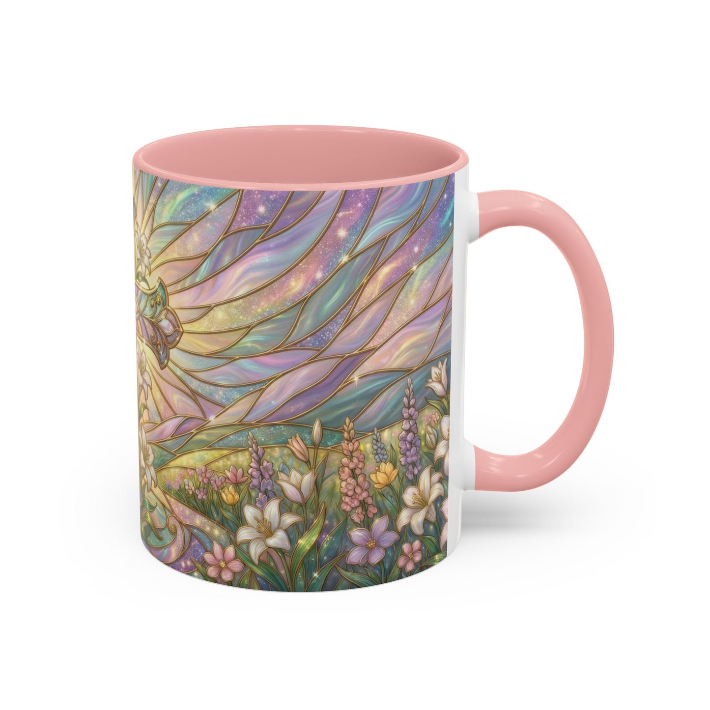 Stained Glass Cross Mug, Easter Lily Coffee Cup, Christian Religious Gift, Pastel Floral Faith Mug, Spring Believer Cup, Baptism Present