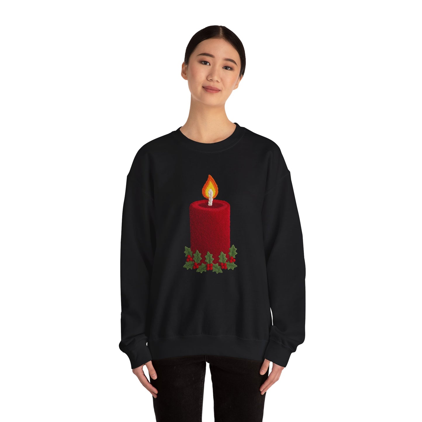 Faux Patchwork Crochet Candle Sweatshirt, Christmas Candle Sweater, Holiday Cozy Winter Crewneck, Cute Xmas Candle Sweatshirt, Unisex Holiday Top