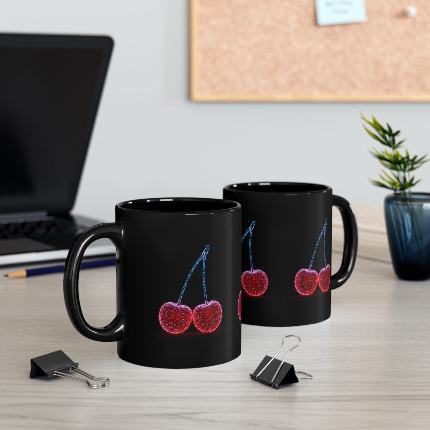 Cherry Art Black Coffee Mug | Bold Fruit Design Cup | Unique Kitchen Drinkware | Cool Modern Cherry Lover Gift | 11oz & 15oz Ceramic