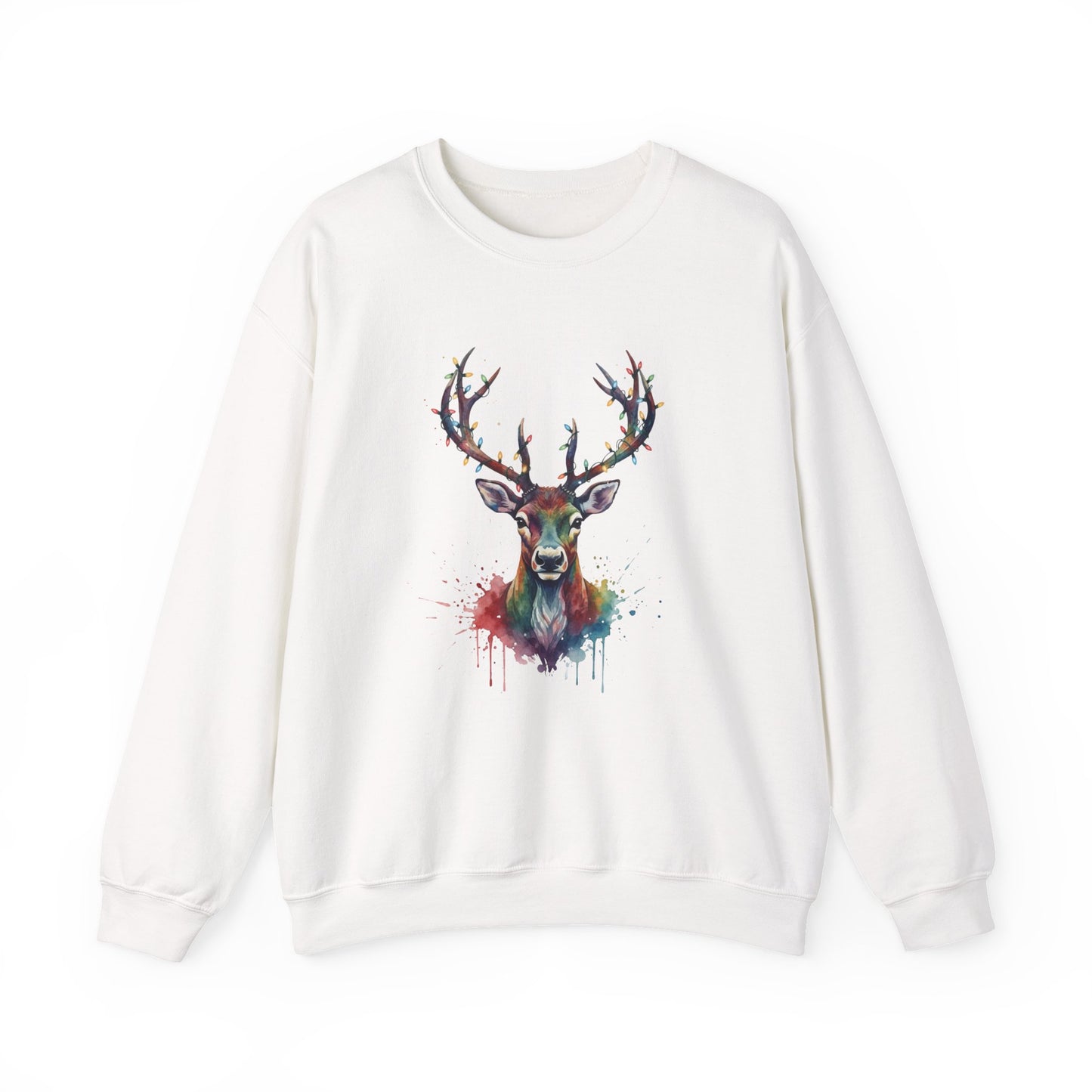 Colorful Reindeer Christmas Sweatshirt, Holiday Deer Lights Sweater, Watercolor Winter Crewneck, Festive Cozy Gift For Him Or Her