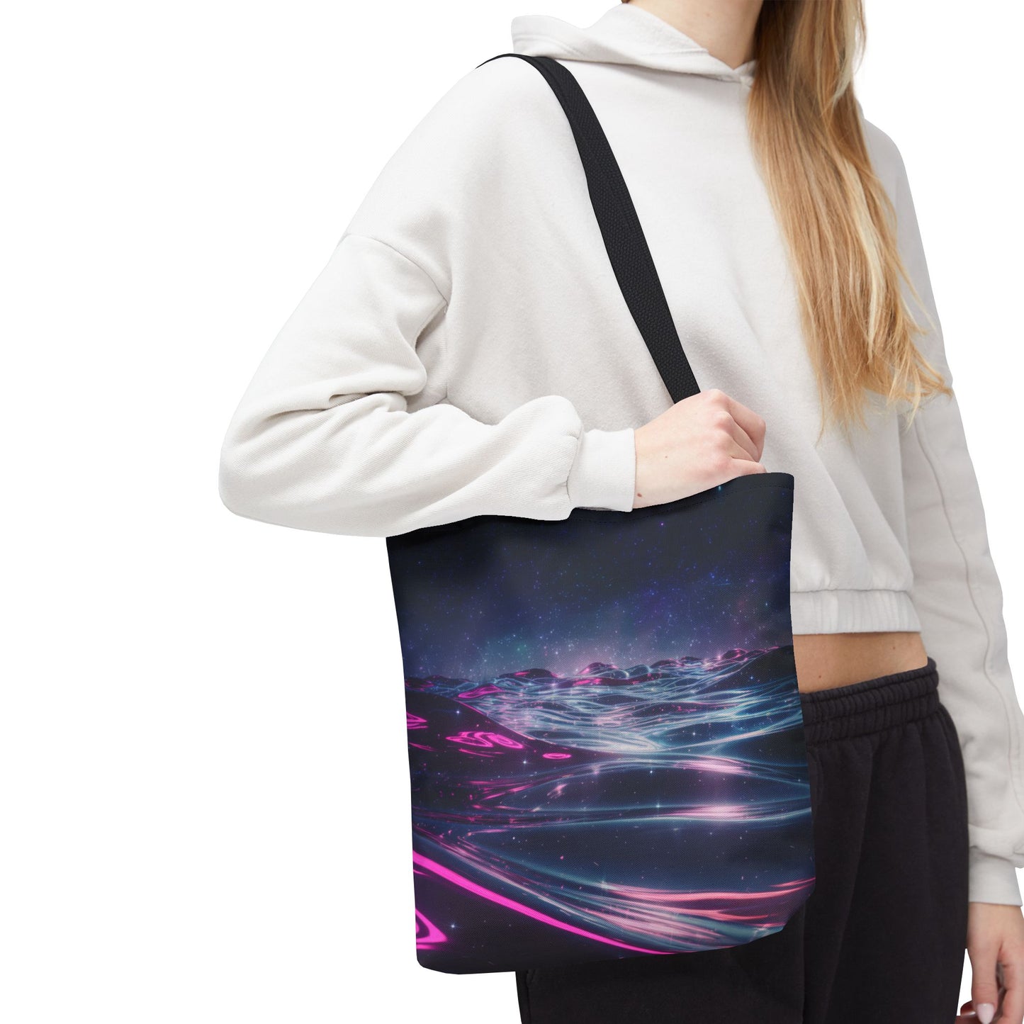 Neon Wave Horizon Tote Bag, Futuristic Ocean Design With Pink And Blue Light, Sci-Fi Aesthetic Reusable Tote For Travel, Gifts, And Everyday Use