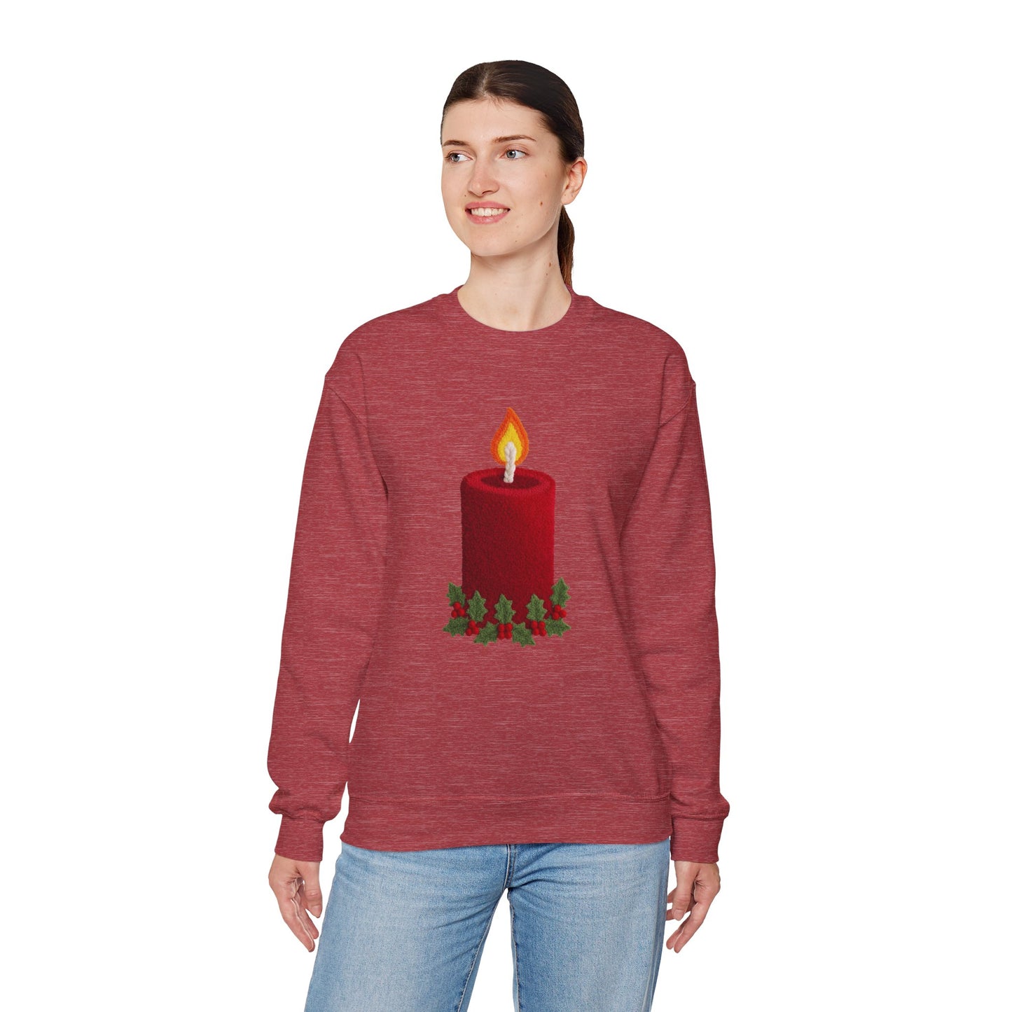 Faux Patchwork Crochet Candle Sweatshirt, Christmas Candle Sweater, Holiday Cozy Winter Crewneck, Cute Xmas Candle Sweatshirt, Unisex Holiday Top