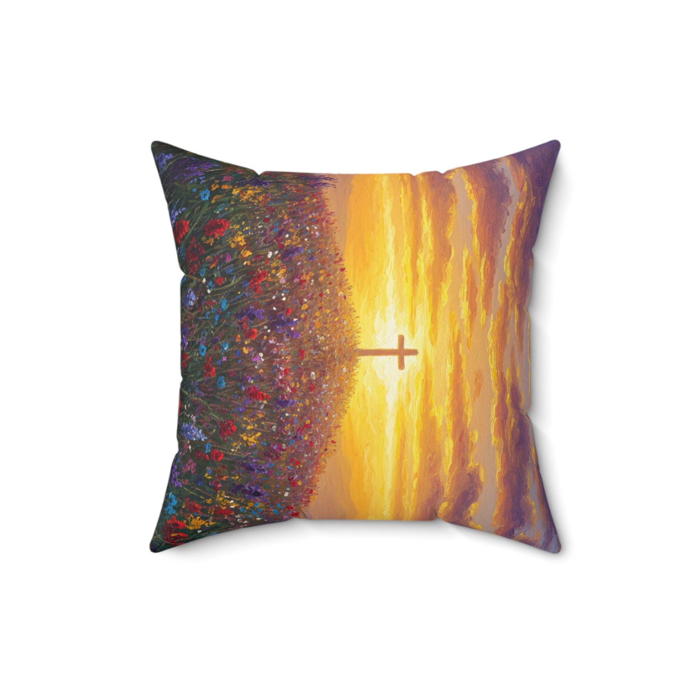 Square Pillow - Monet Style Cross on Hill Painting Christian Pillow Religious Decor Faith Based Throw Gift for Believers