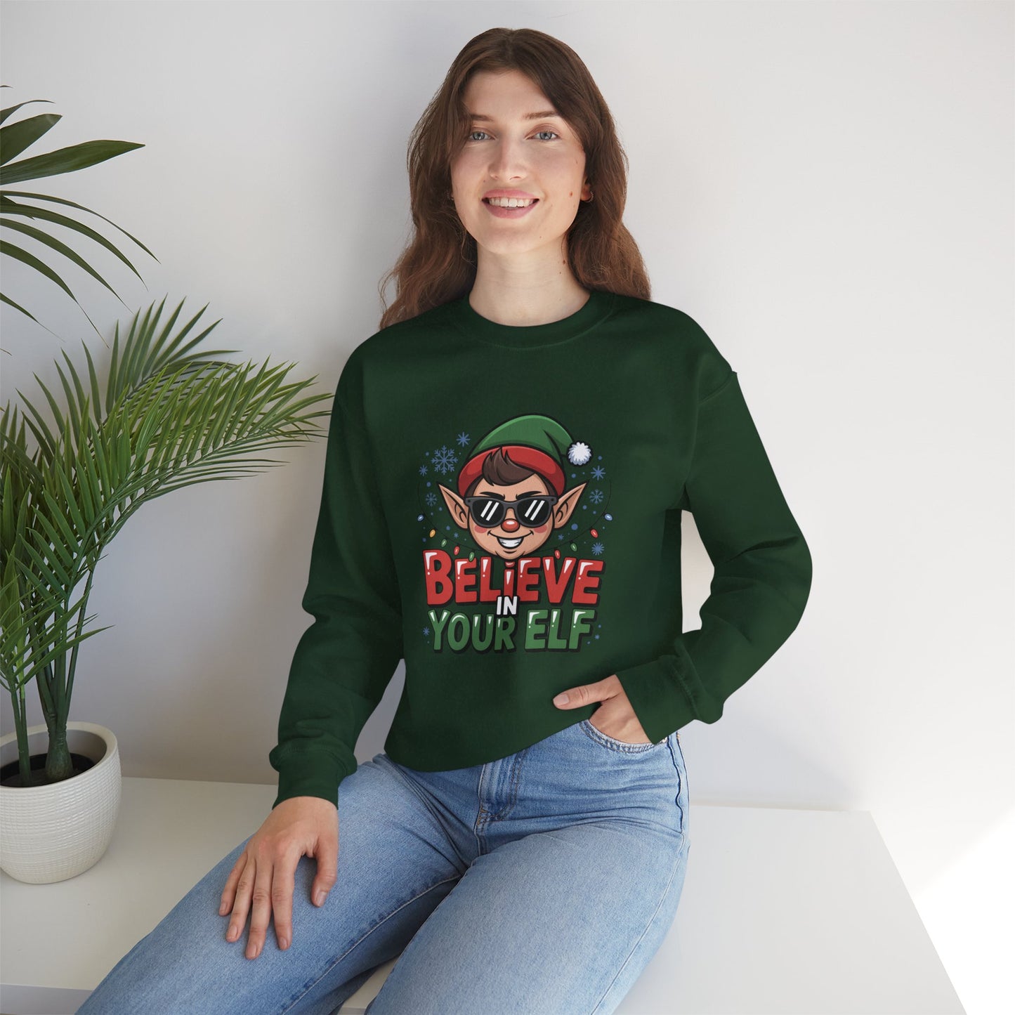 Believe In Your Elf Christmas Sweatshirt, Funny Elf Holiday Sweater, Unisex Christmas Crewneck, Festive Gift For Friends And Family