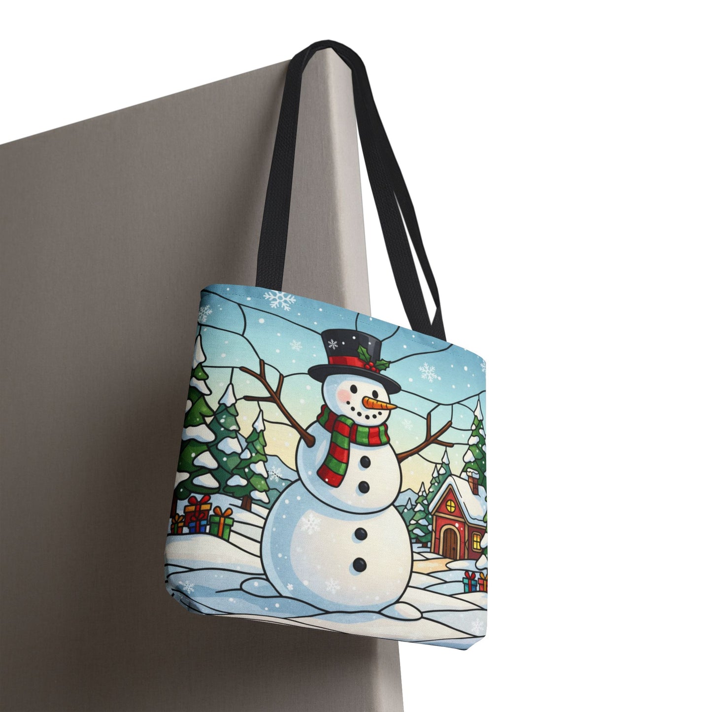 Stained Glass Snowman Christmas Tote Bag, Holiday Art Tote, Festive Winter Gift Bag, Colorful Christmas Scene Reusable Shopping Bag