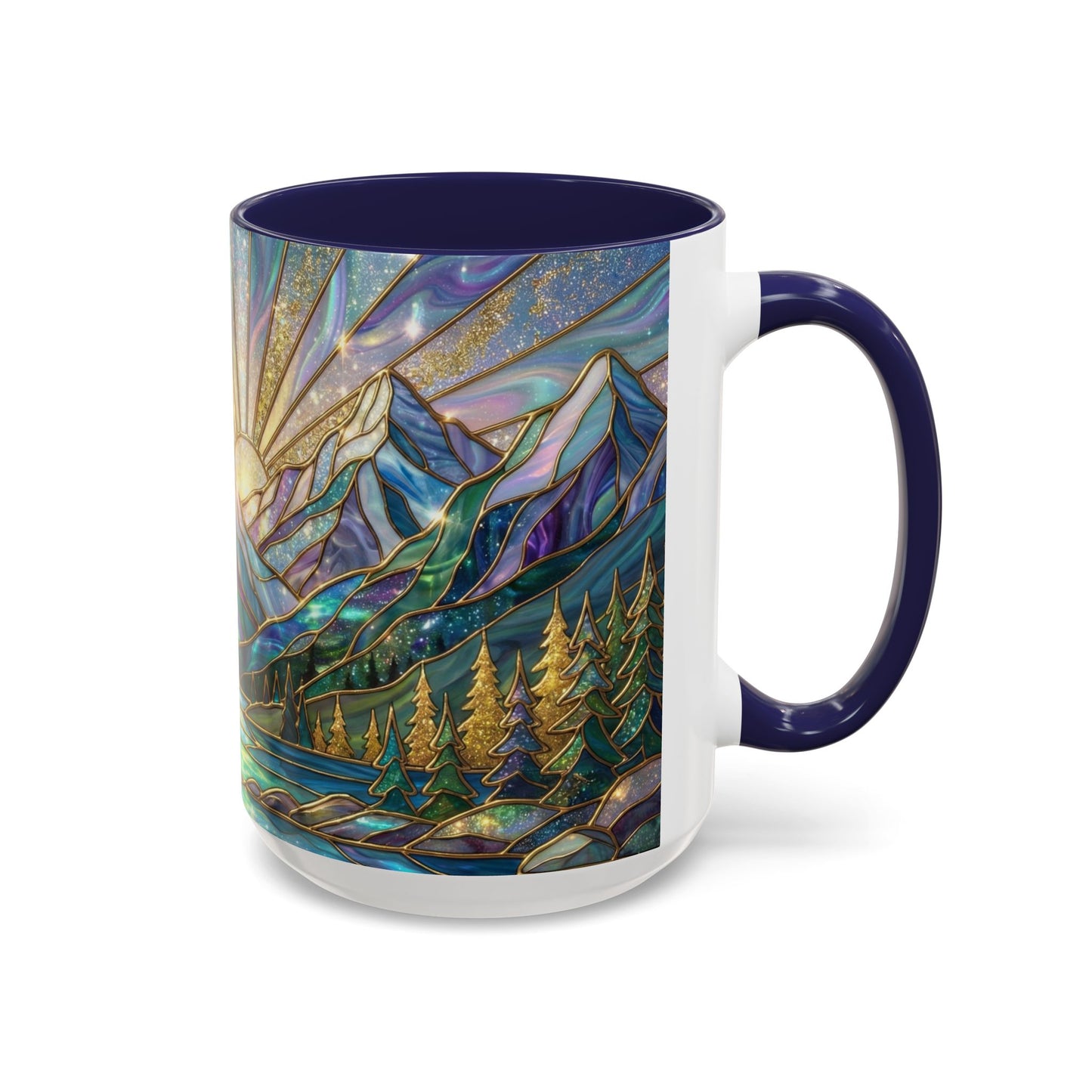 Stained Glass Mountain Mug, Mountain Landscape Coffee Cup, Galaxy Sky Nature Ceramic Mug, Sunrise River Forest Art, 11oz 15oz Gift