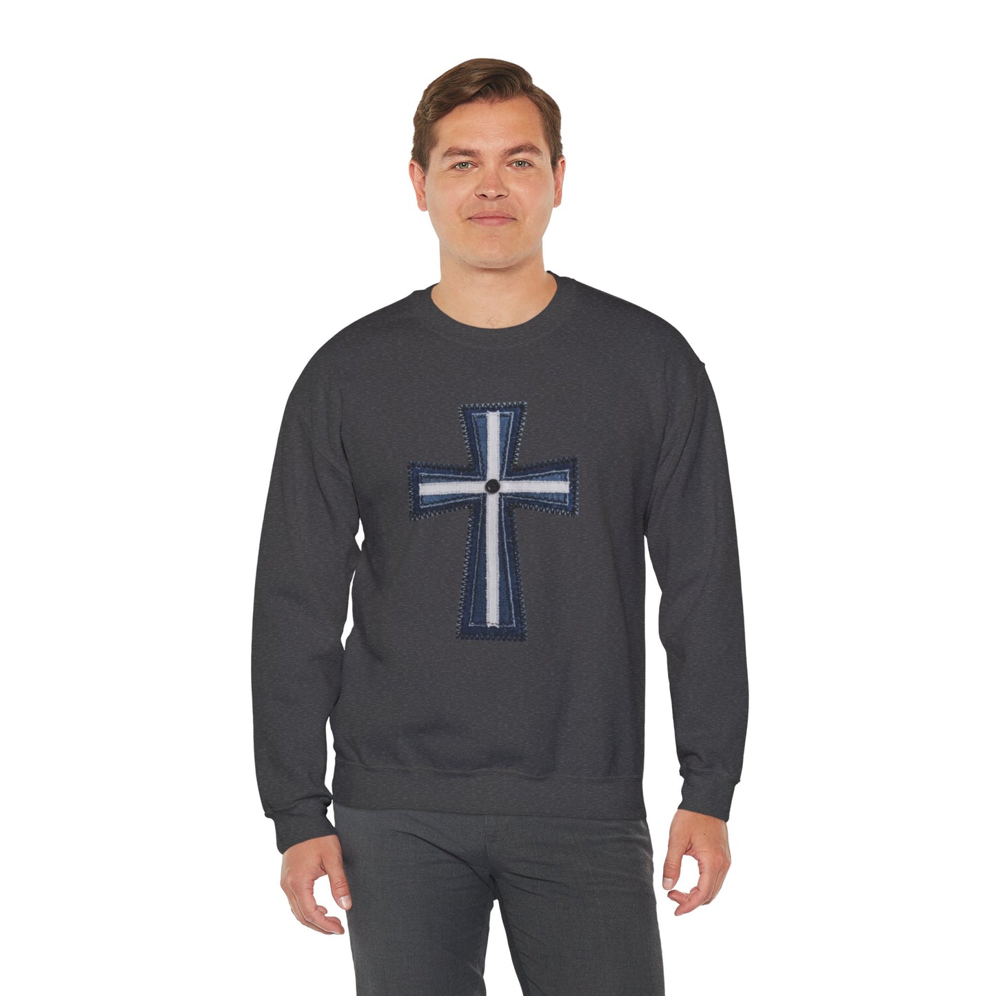 Faux Patchwork Cross Sweatshirt, Christian Patchwork Style Crewneck, Faith Gift for Women Men, Rustic Cross Sweatshirt, Religious Xmas Gift