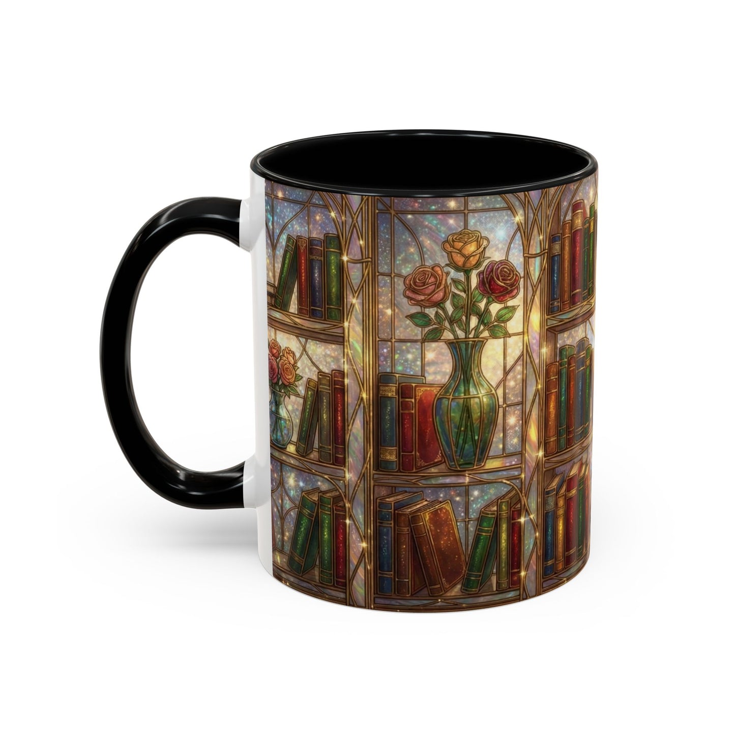 Stained Glass Books Mug, Book Lover Coffee Mug, Cozy Library Mug, Bookish Gift For Readers, Dark Academia Mug, Floral Bookshelf Cup