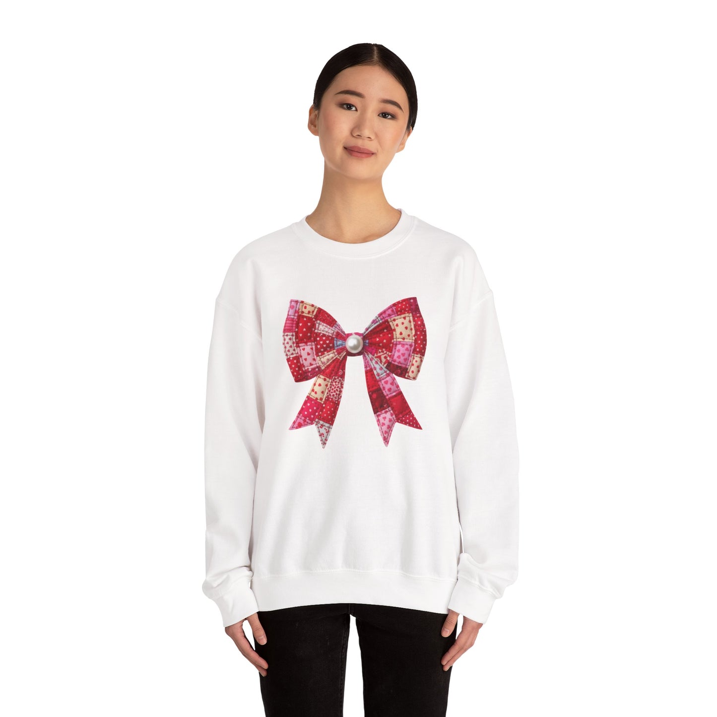 Faux Patchwork Bow Sweatshirt, Quilted Look Bow Crewneck, Pearl Bow Pullover, Cozy Coquette Sweatshirt, Girly Valentine Gift