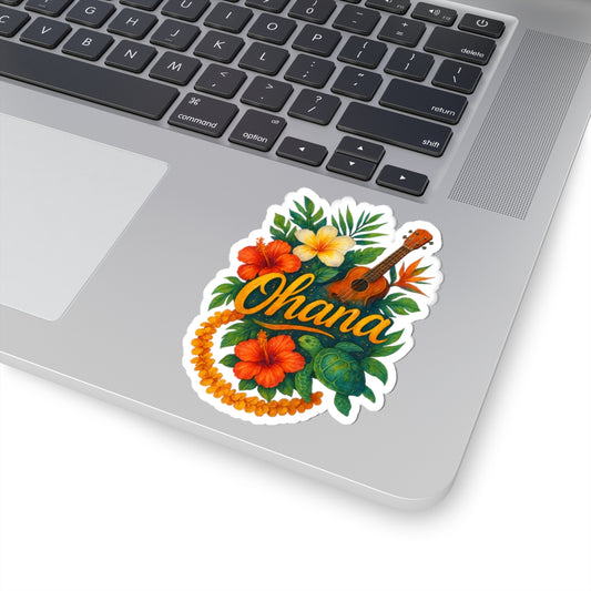 Ohana Hawaiian Sticker - Tropical Flower, Ukulele & Sea Turtle Vinyl Decal - Waterproof Laptop, Water Bottle, Family Gift Idea