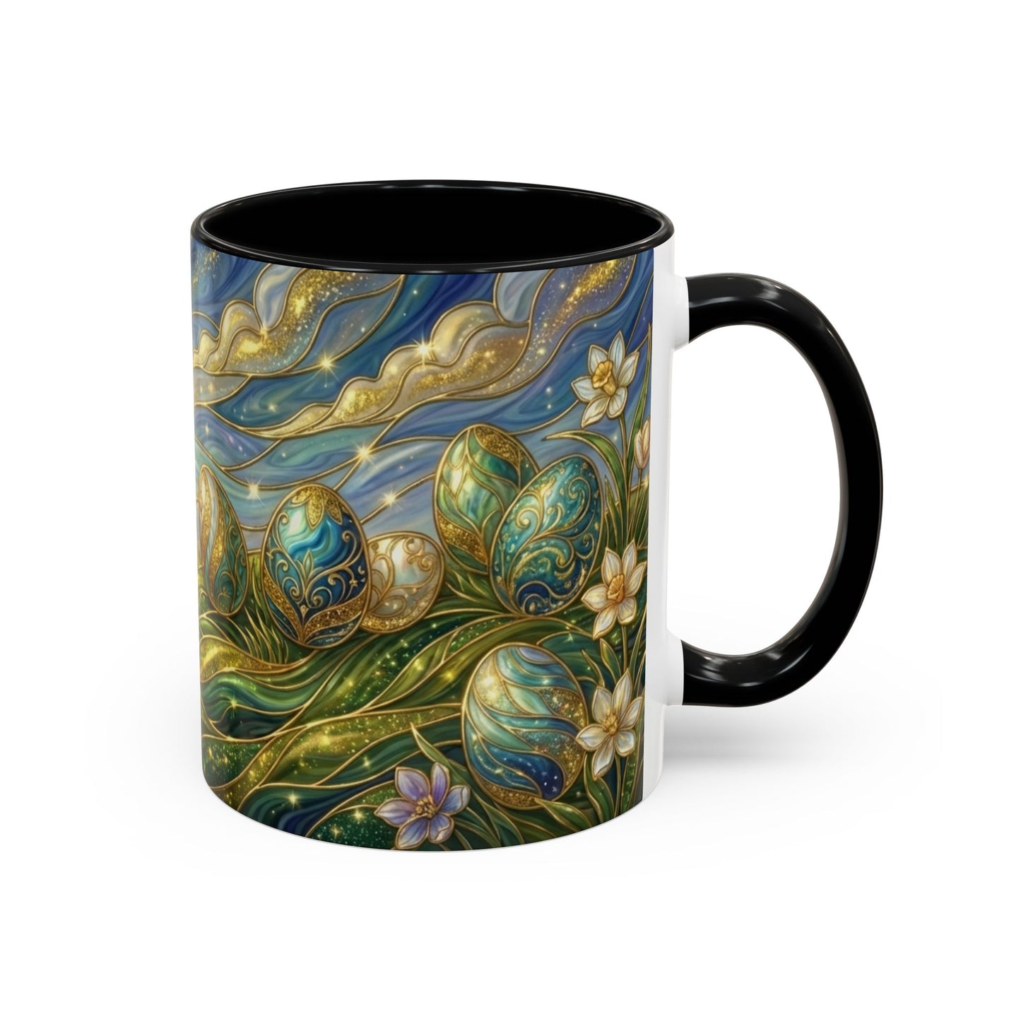 Stained Glass Easter Egg Mug, Magical Spring Floral Coffee Cup, Art Nouveau Fantasy Teacup, Elegant Celestial Starry Sky Mug Gift Idea