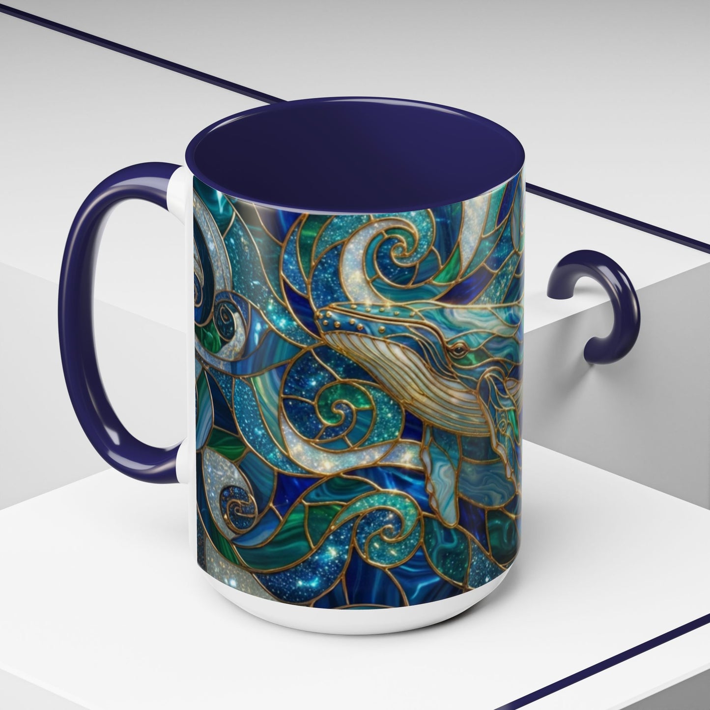 Stained Glass Whale Mug, Ocean Art Coffee Cup, Blue Sea Life Design, Nautical Gift For Ocean Lovers, Colorful Stained Glass Whale Cup