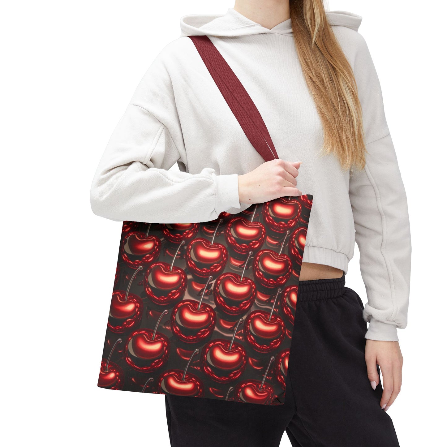 Glossy Cherry Pattern Canvas Tote Bag – Retro Black & Red Cherry Print, Coquette Cottagecore Aesthetic Shopper Tote, Fruit Lover Gift