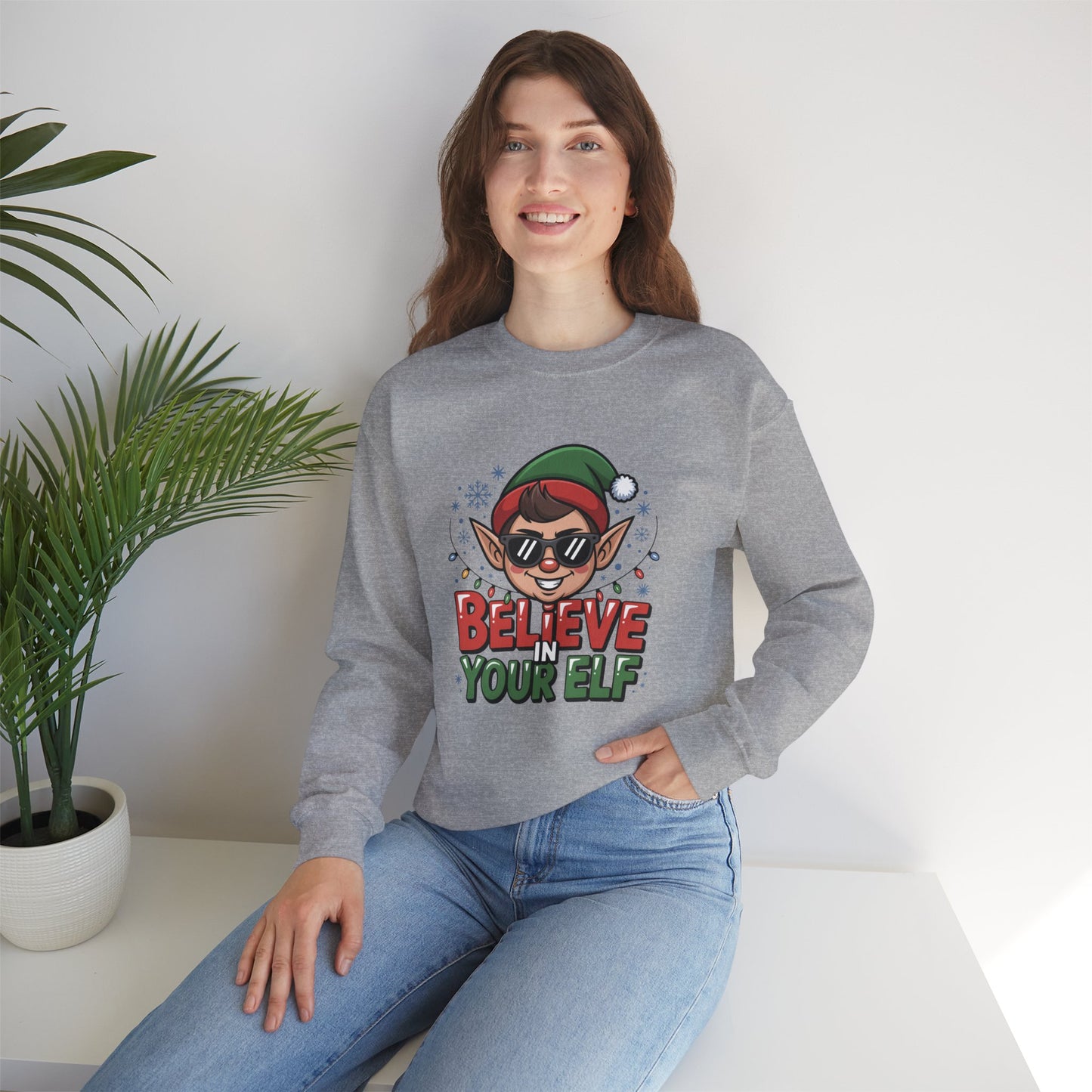 Believe In Your Elf Christmas Sweatshirt, Funny Elf Holiday Sweater, Unisex Christmas Crewneck, Festive Gift For Friends And Family