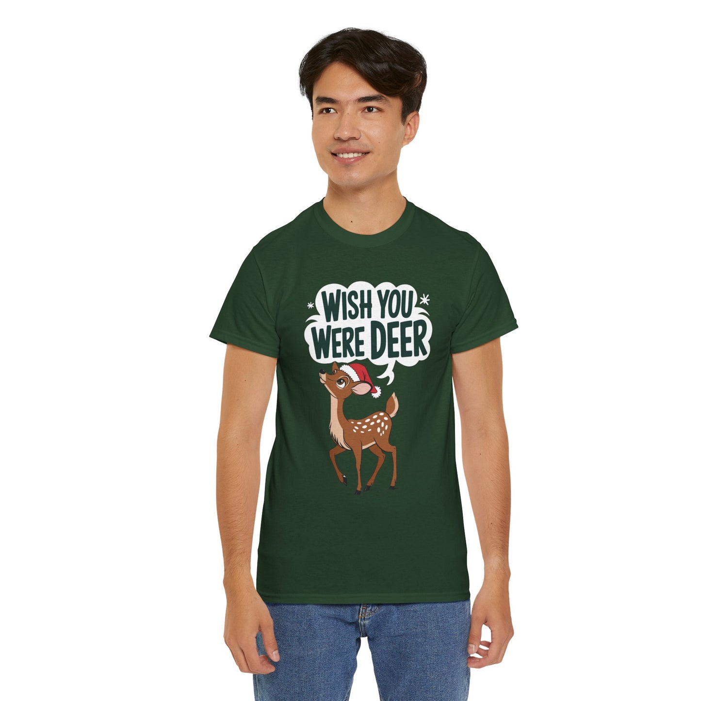 Wish You Were Deer Funny Christmas T-Shirt, Cute Reindeer Holiday Tee, Pun Christmas Shirt, Festive Santa Hat Deer Graphic Tee Gift