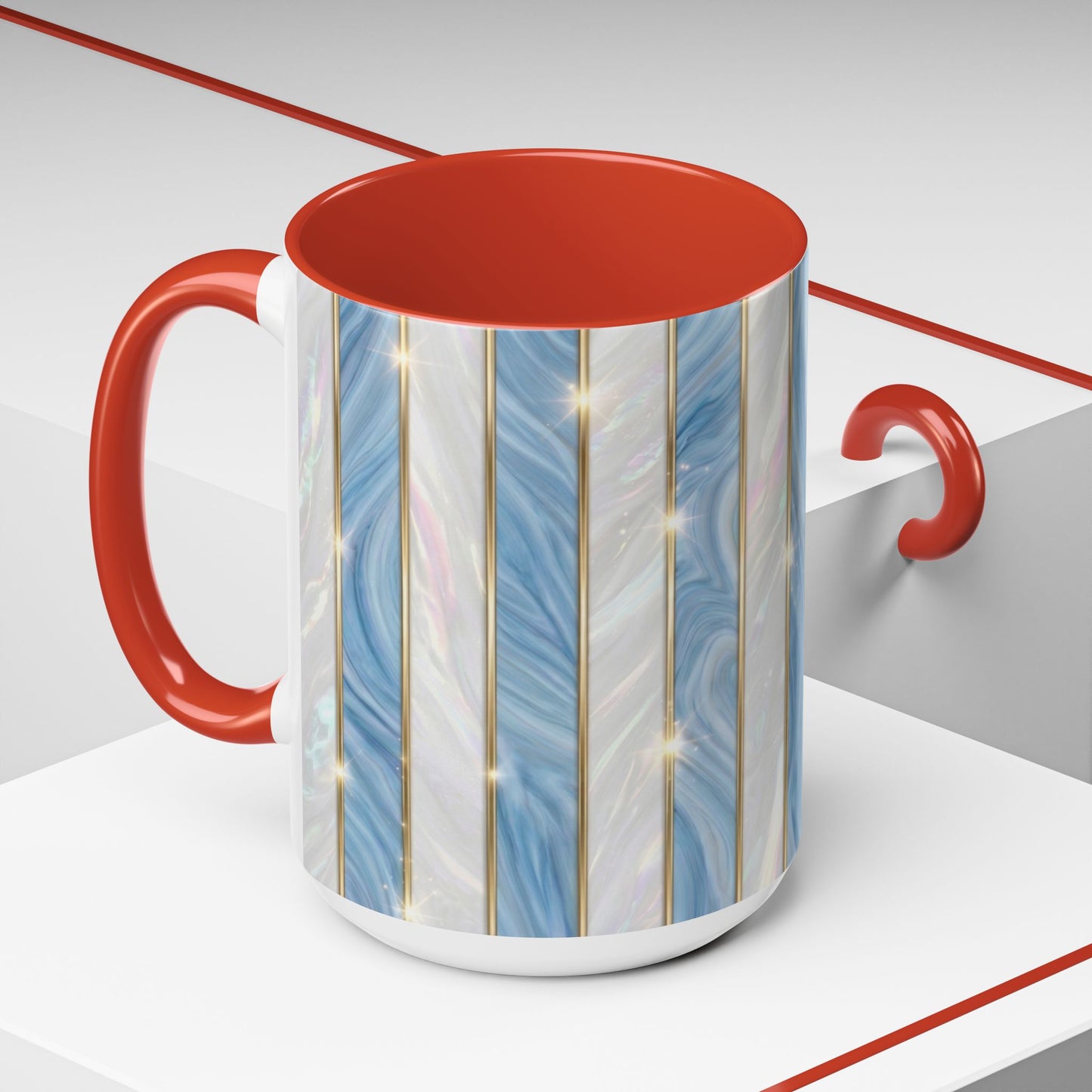 Faux Stained Glass Mug, Blue Pearlescent Coffee Cup, Art Deco Stained Glass Decor, Elegant Gold Stripe Teacup, Unique Art Gift For Her
