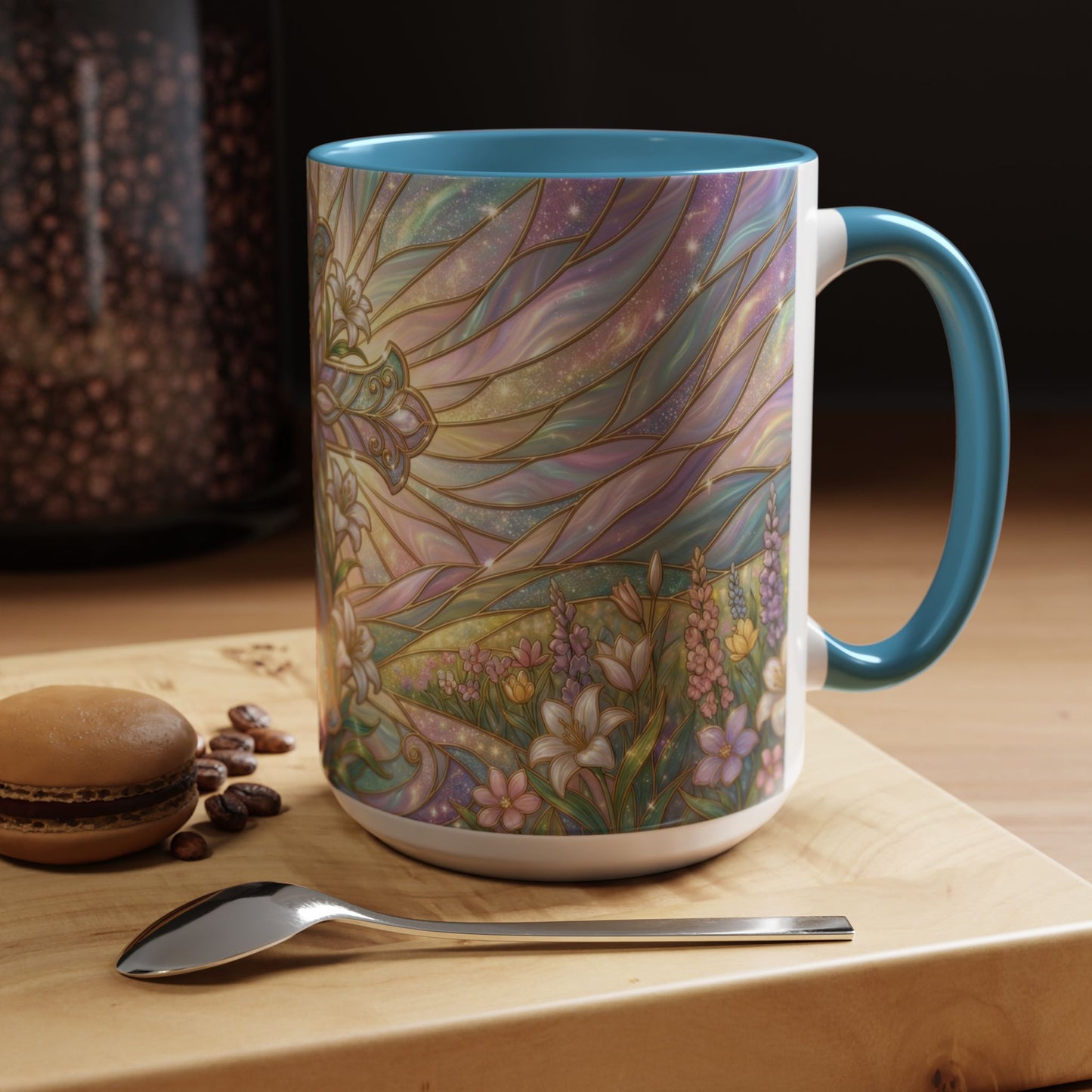 Stained Glass Cross Mug, Easter Lily Coffee Cup, Christian Religious Gift, Pastel Floral Faith Mug, Spring Believer Cup, Baptism Present