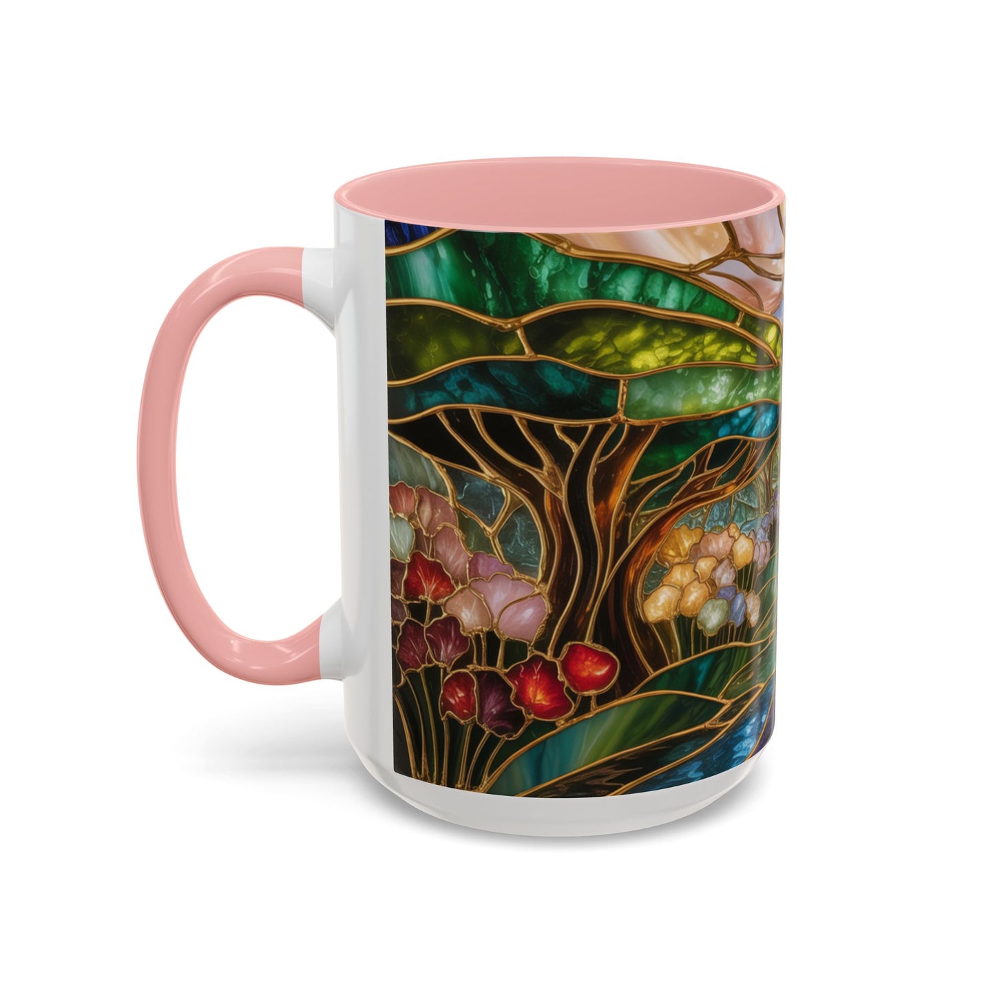 Stained Glass Woodland Forest Mug, Tree & Flowers Coffee Cup, Nature Lover Gift, Artistic Woodland Art Mug, Rustic Home Decor Mug