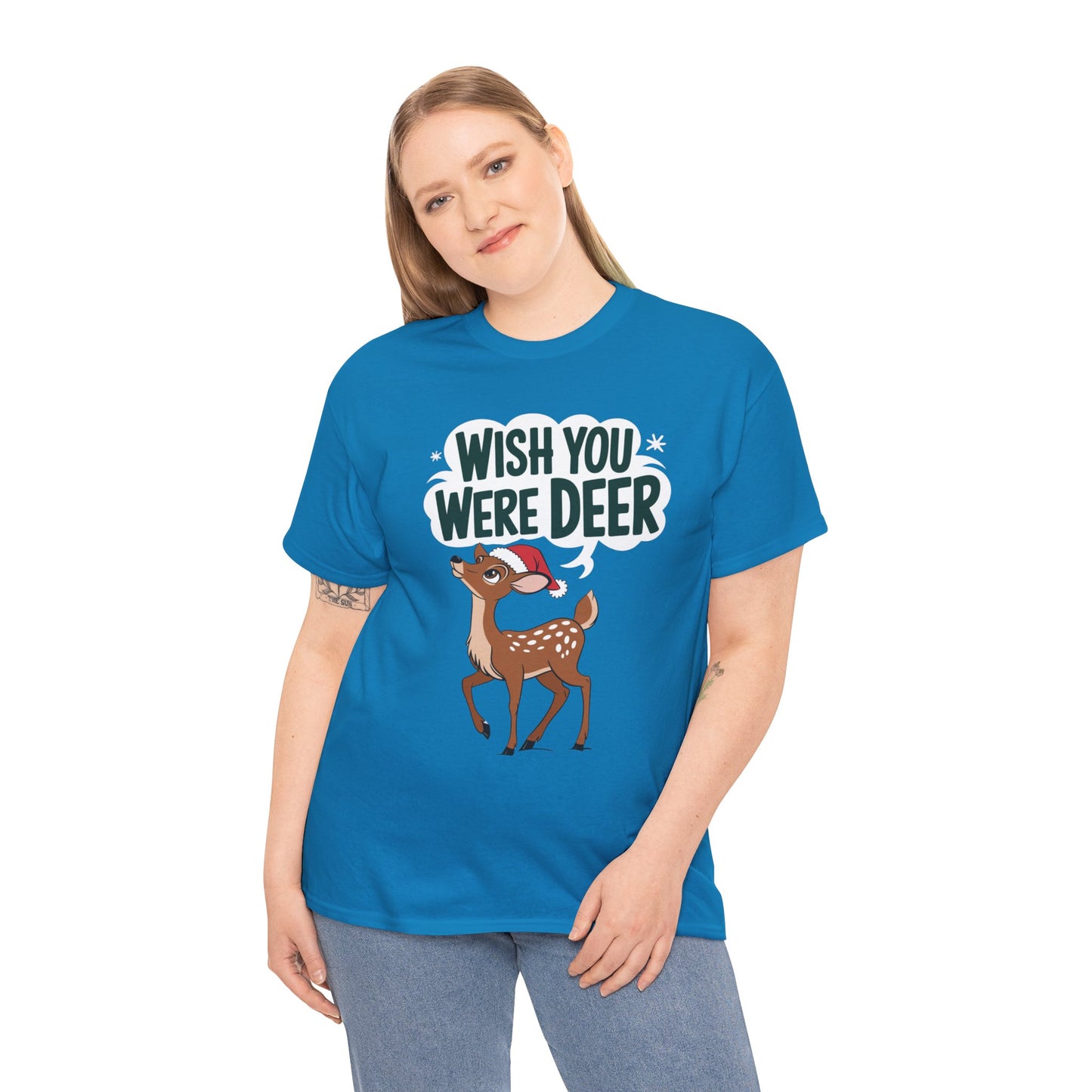 Wish You Were Deer Funny Christmas T-Shirt, Cute Reindeer Holiday Tee, Pun Christmas Shirt, Festive Santa Hat Deer Graphic Tee Gift