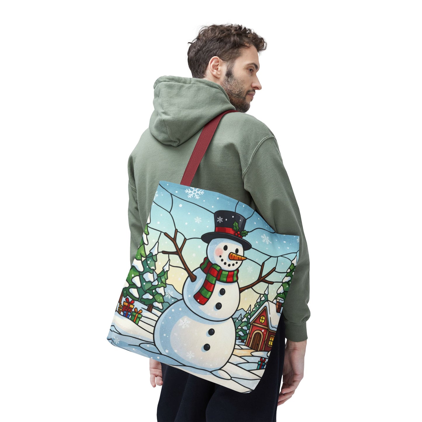Stained Glass Snowman Christmas Tote Bag, Holiday Art Tote, Festive Winter Gift Bag, Colorful Christmas Scene Reusable Shopping Bag