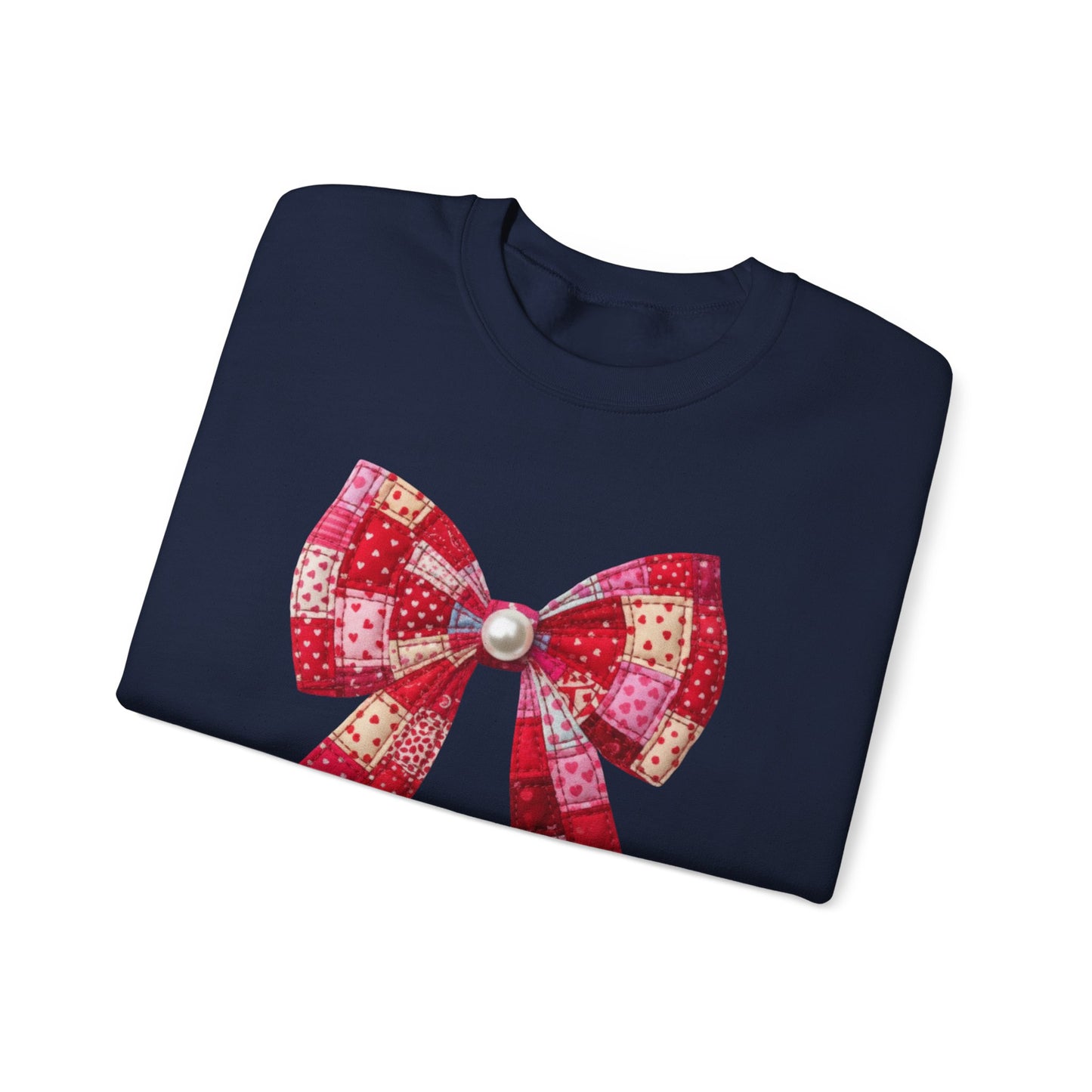 Faux Patchwork Bow Sweatshirt, Quilted Look Bow Crewneck, Pearl Bow Pullover, Cozy Coquette Sweatshirt, Girly Valentine Gift