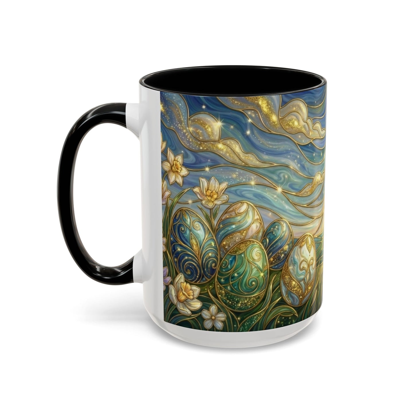 Stained Glass Easter Egg Mug, Magical Spring Floral Coffee Cup, Art Nouveau Fantasy Teacup, Elegant Celestial Starry Sky Mug Gift Idea