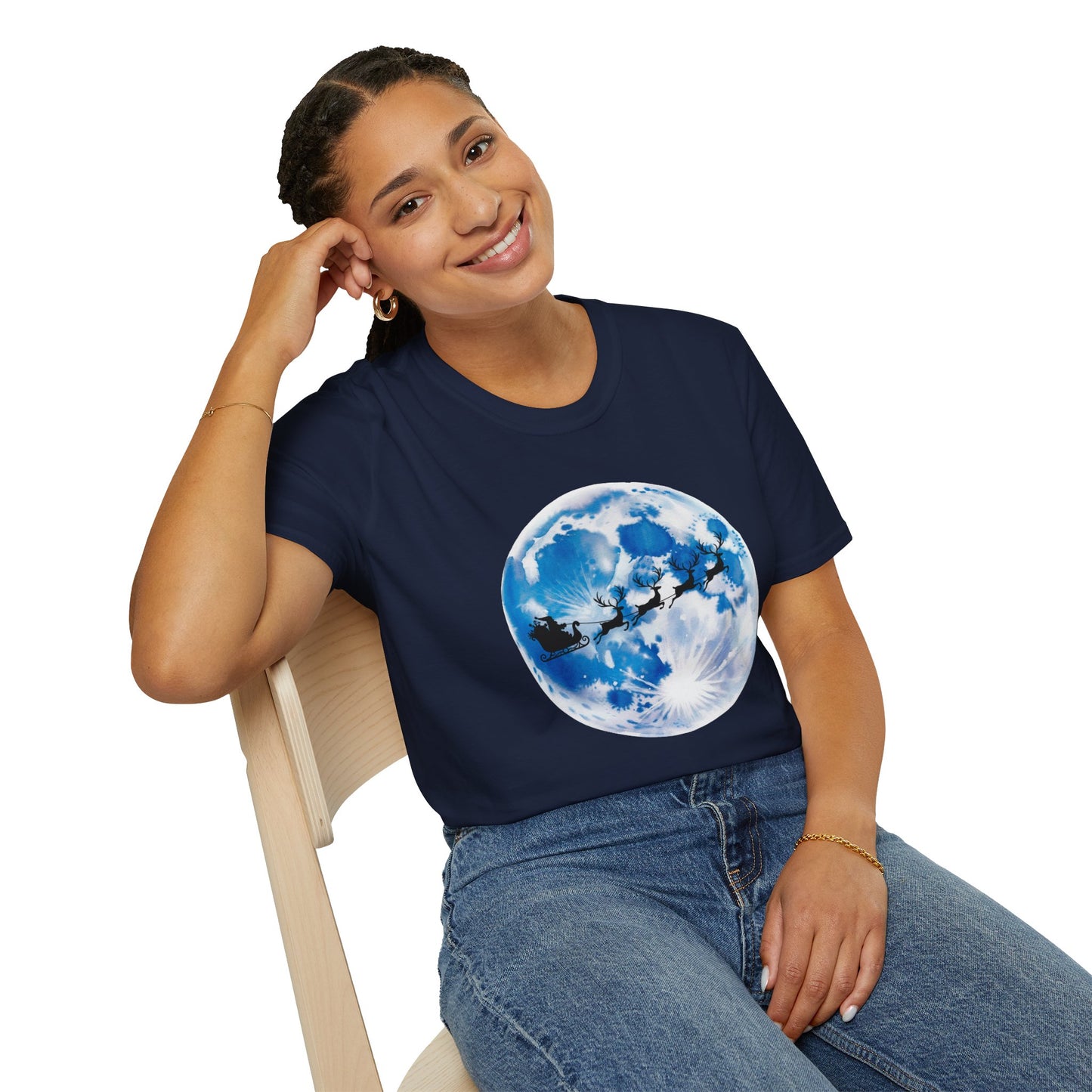 Santa Moon Christmas T-Shirt, Reindeer Sleigh Christmas Tee, Holiday Moonlight Xmas Shirt, Festive Christmas Graphic Tee, Winter Night Christmas Gift Tee
