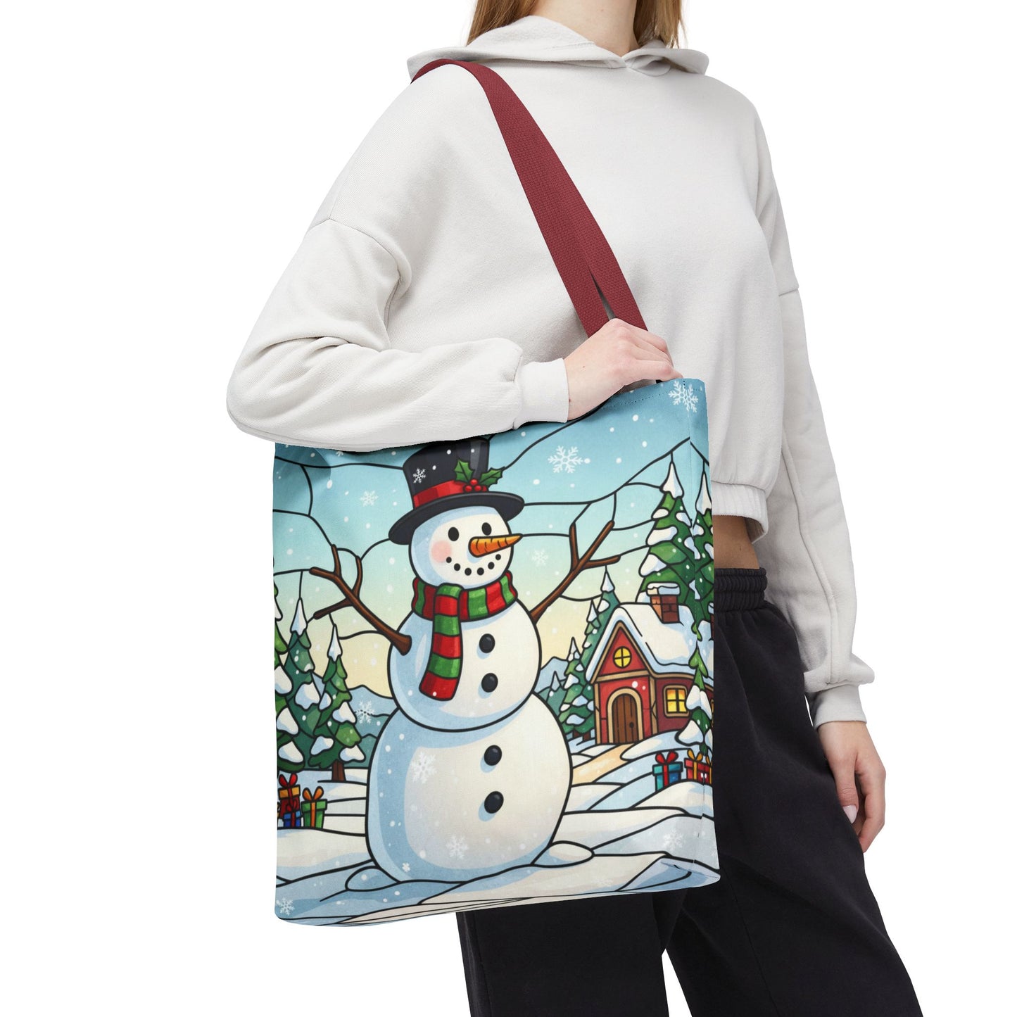 Stained Glass Snowman Christmas Tote Bag, Holiday Art Tote, Festive Winter Gift Bag, Colorful Christmas Scene Reusable Shopping Bag