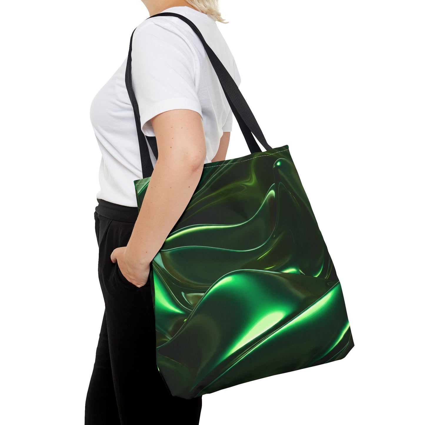 Futuristic Green Tote Bag - Abstract Metallic Wave Art Tote - Glossy Cyber Aesthetic Bag, Techwear Vibes, Edgy Gamer Gift, Trendy Street Style