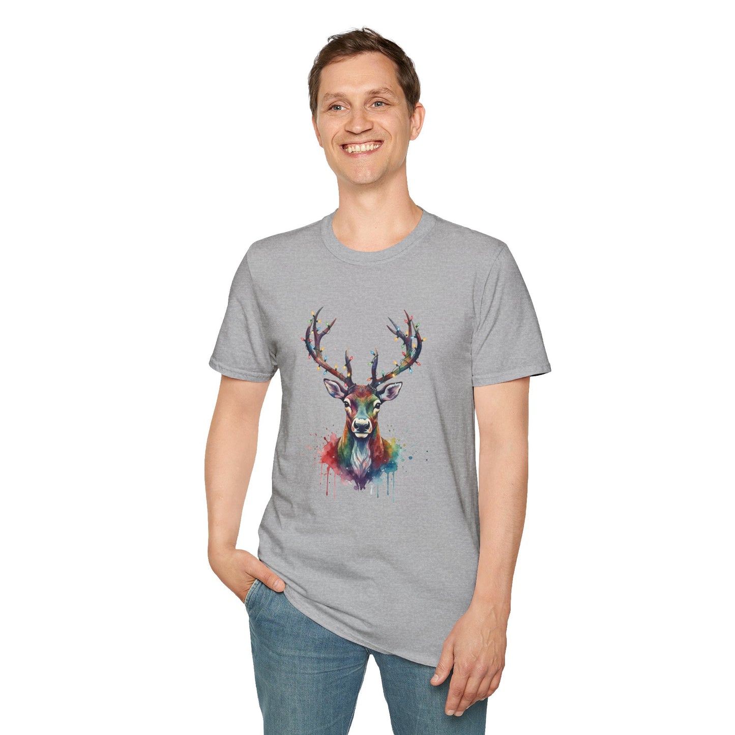 Christmas Deer Shirt, Watercolor Buck T-Shirt, Deer With Christmas Lights Tee, Holiday Wildlife Art Shirt, Colorful Deer Head Xmas Tee