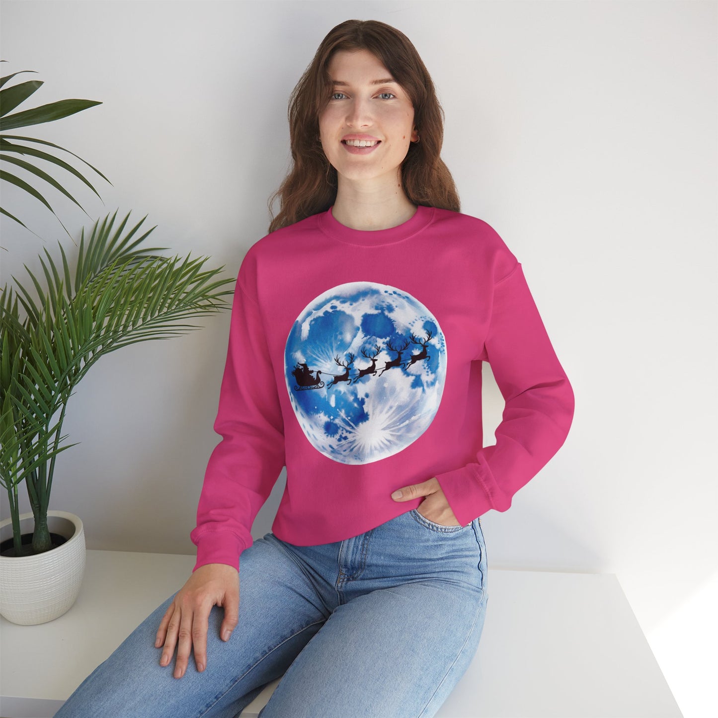 Santa And Reindeer Full Moon Christmas Sweatshirt, Holiday Night Sky Sweater, Cozy Unisex Crewneck, Festive Gift For Christmas Lovers