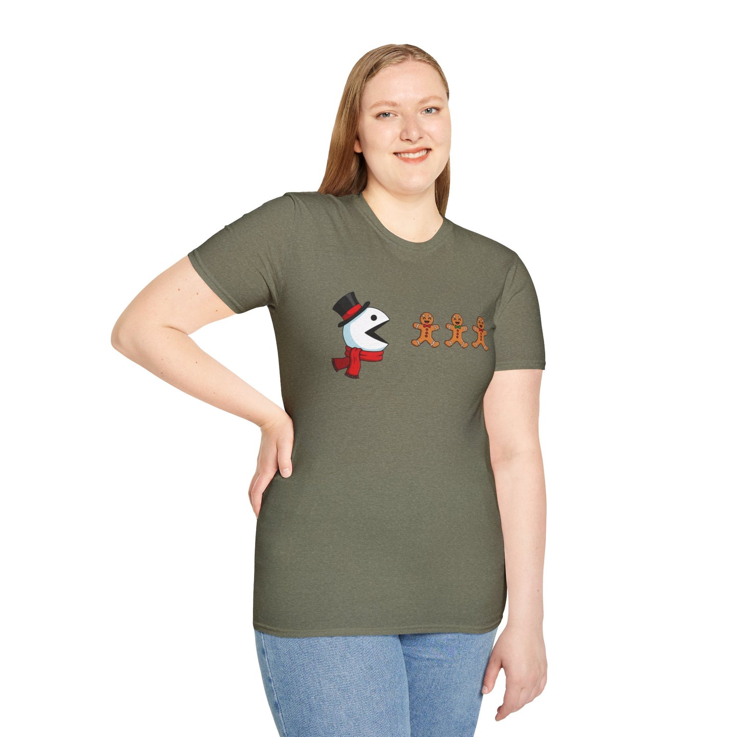 Snowman Pacman Christmas Shirt, Funny Gingerbread Men Tee, Cute Holiday Snowman T-Shirt, Christmas Humor Graphic Tee, Winter Holiday Shirt