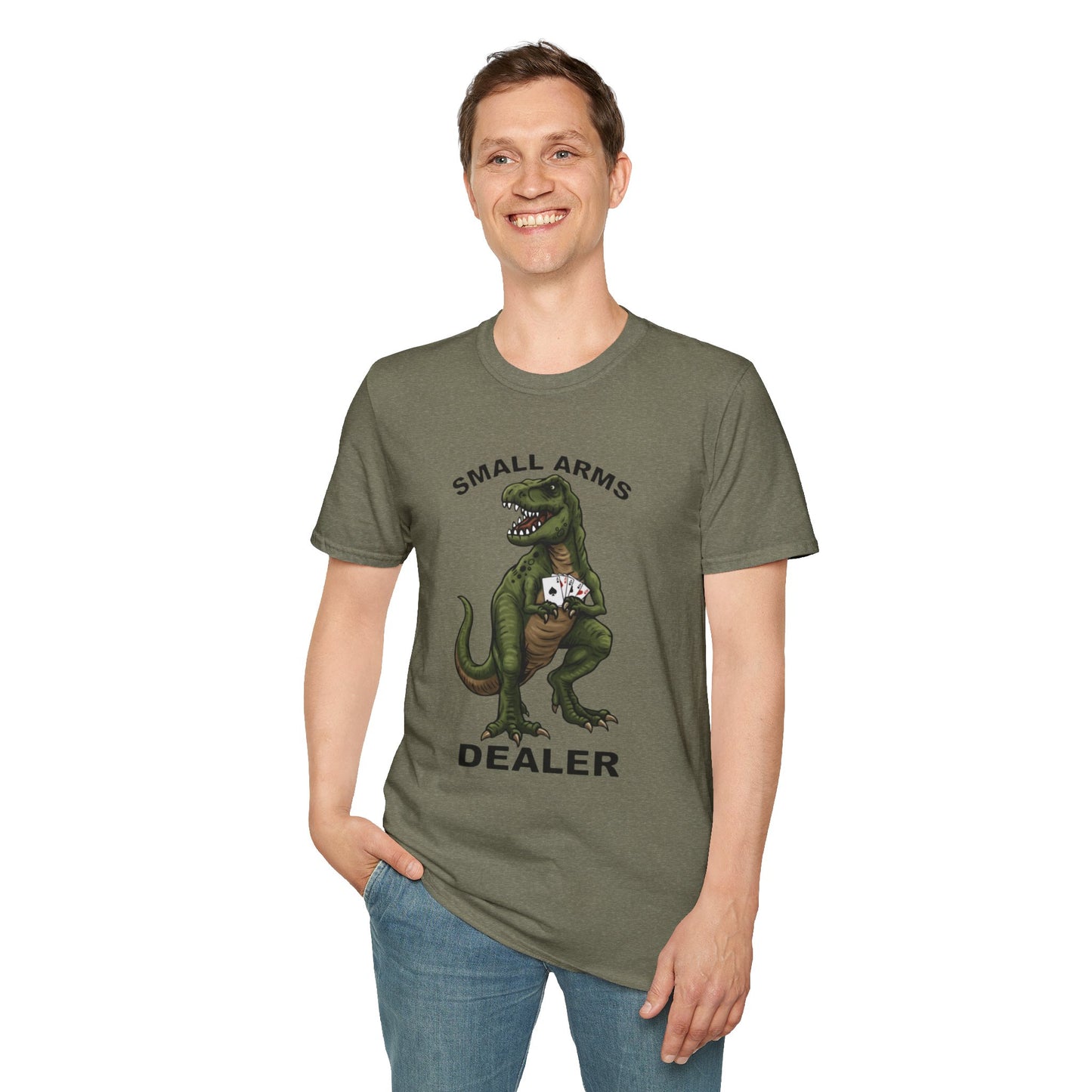 Funny Small Arms Dealer T-Rex Shirt, Dinosaur Pun Tee, Hilarious Graphic T-Shirt for Men & Women, Great Gift for Dad, Friend, or Coworker
