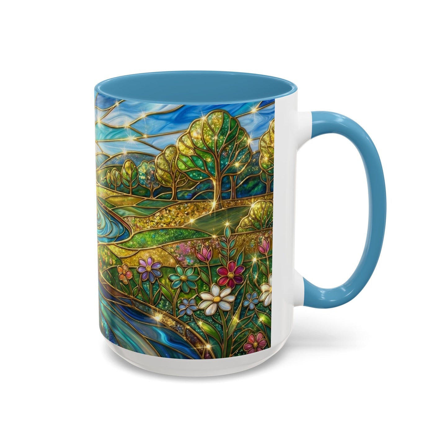 Stained Glass Mug, River Landscape Coffee Cup, Nature Lover Gift, Floral Tea Mug, Gardener Present, Art Teacher Gift, Colorful Scenery Cup