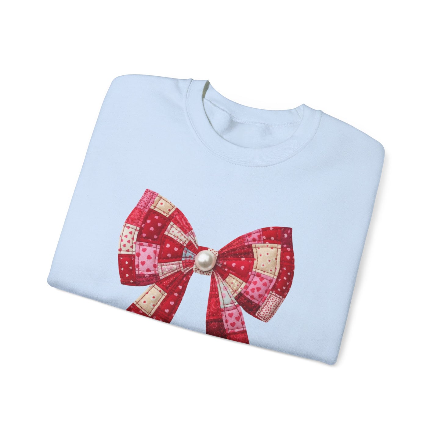 Faux Patchwork Bow Sweatshirt, Quilted Look Bow Crewneck, Pearl Center Bow Pullover, Cozy Coquette Sweatshirt, Girly Gift