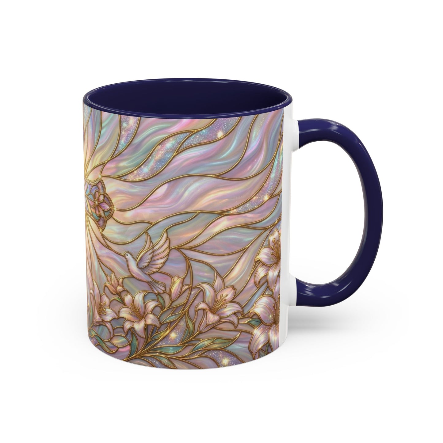 Stained Glass Cross Mug, Easter Lily Coffee Cup, Christian Gift for Women, Pastel Religious Drinkware, Dove and Faith Cup, Spiritual